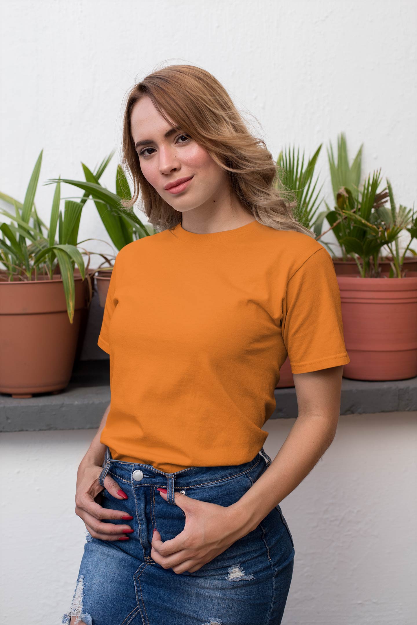 Unisex Regular Fit Orange Plain T-Shirt With Short Sleeves And Round Neck