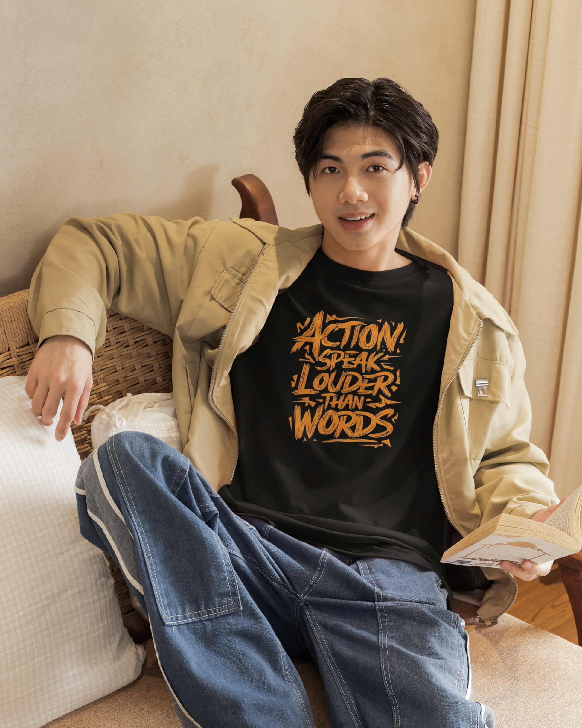 Action Speaks Louder Than Words Oversized Graphic T Shirt Black Streetwear Unisex Statement Tee