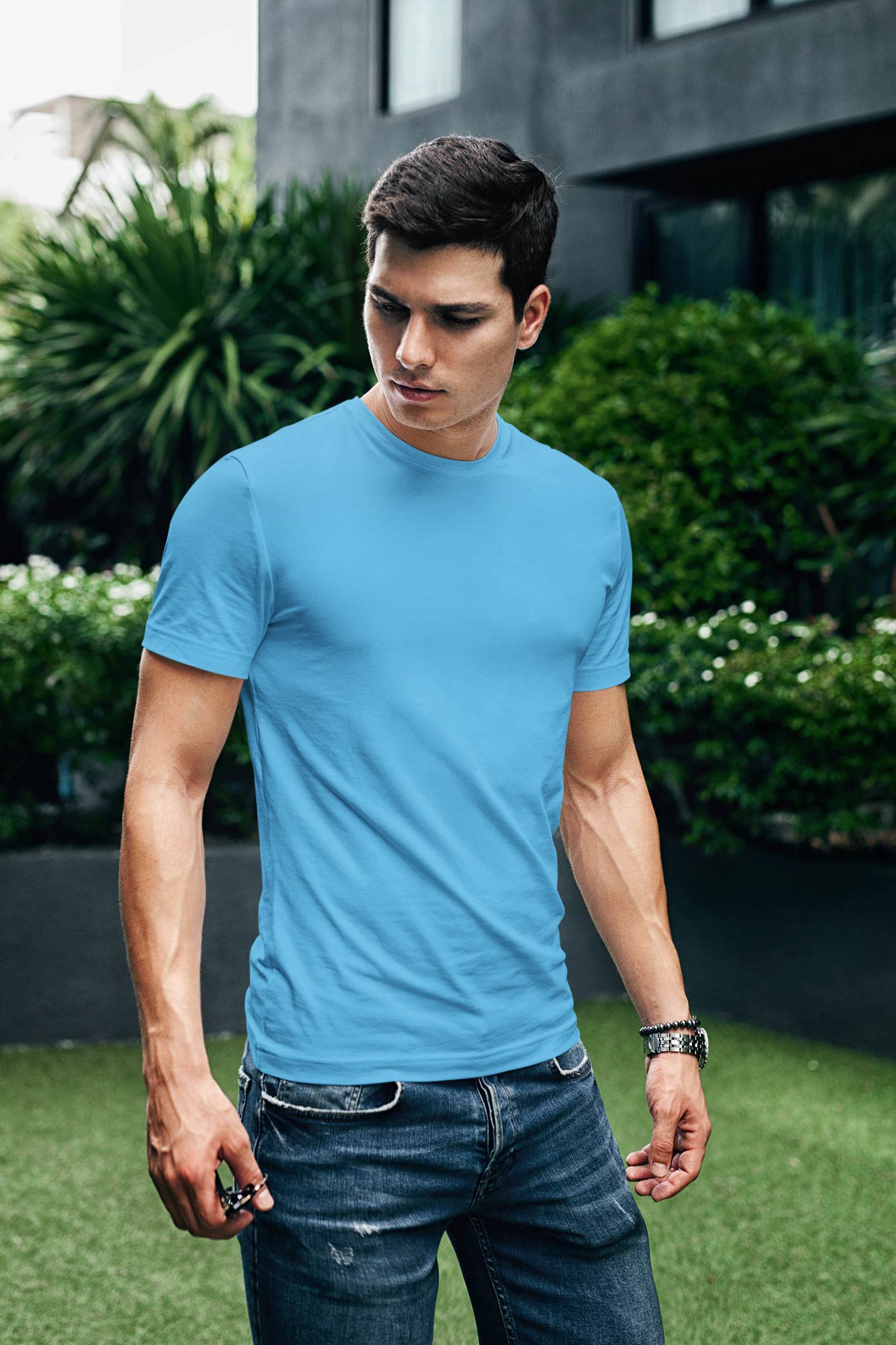 Unisex Regular Fit Sky Blue Plain T-Shirt With Short Sleeves And Round Neck