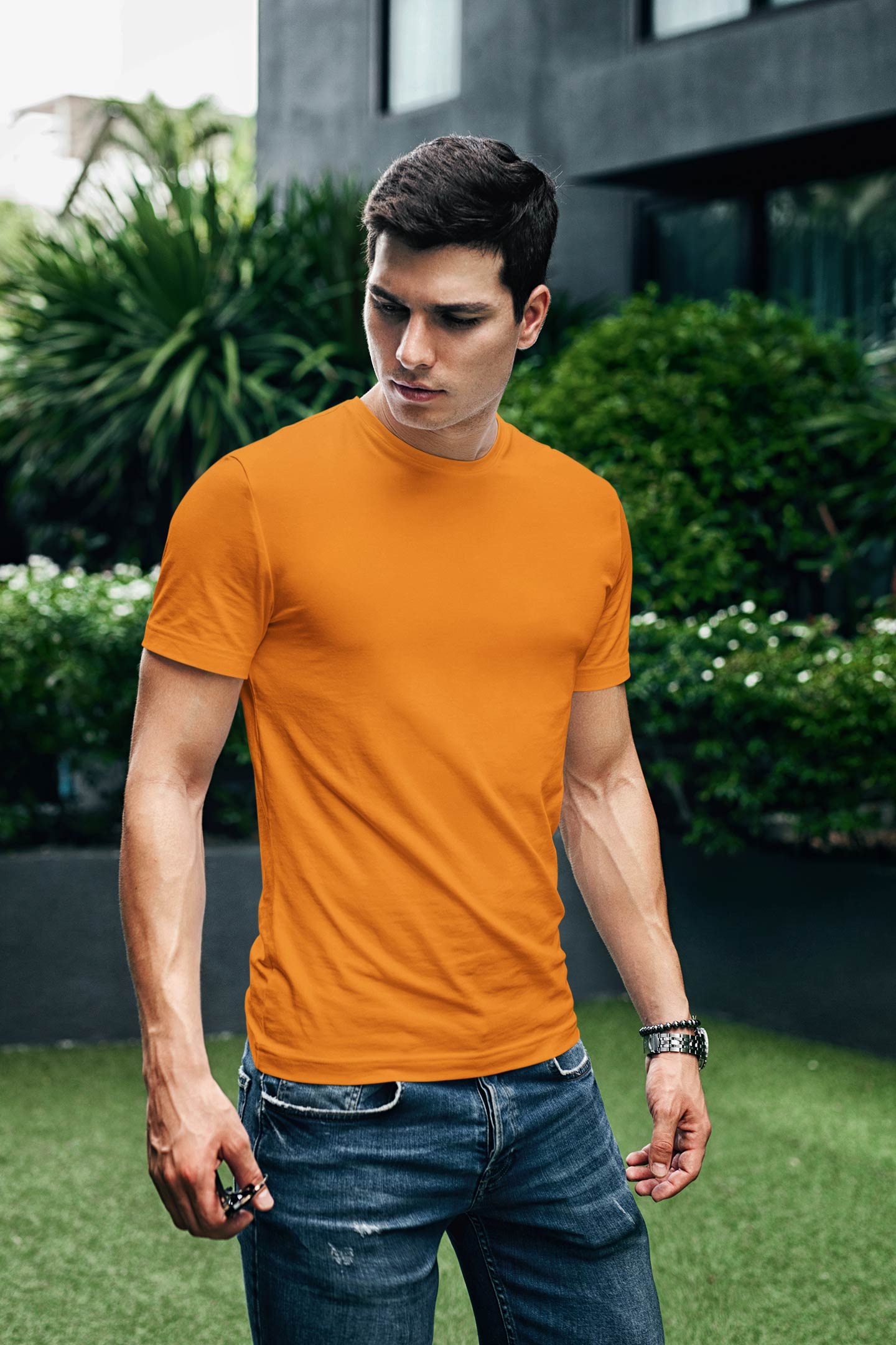 Unisex Regular Fit Orange Plain T-Shirt With Short Sleeves And Round Neck