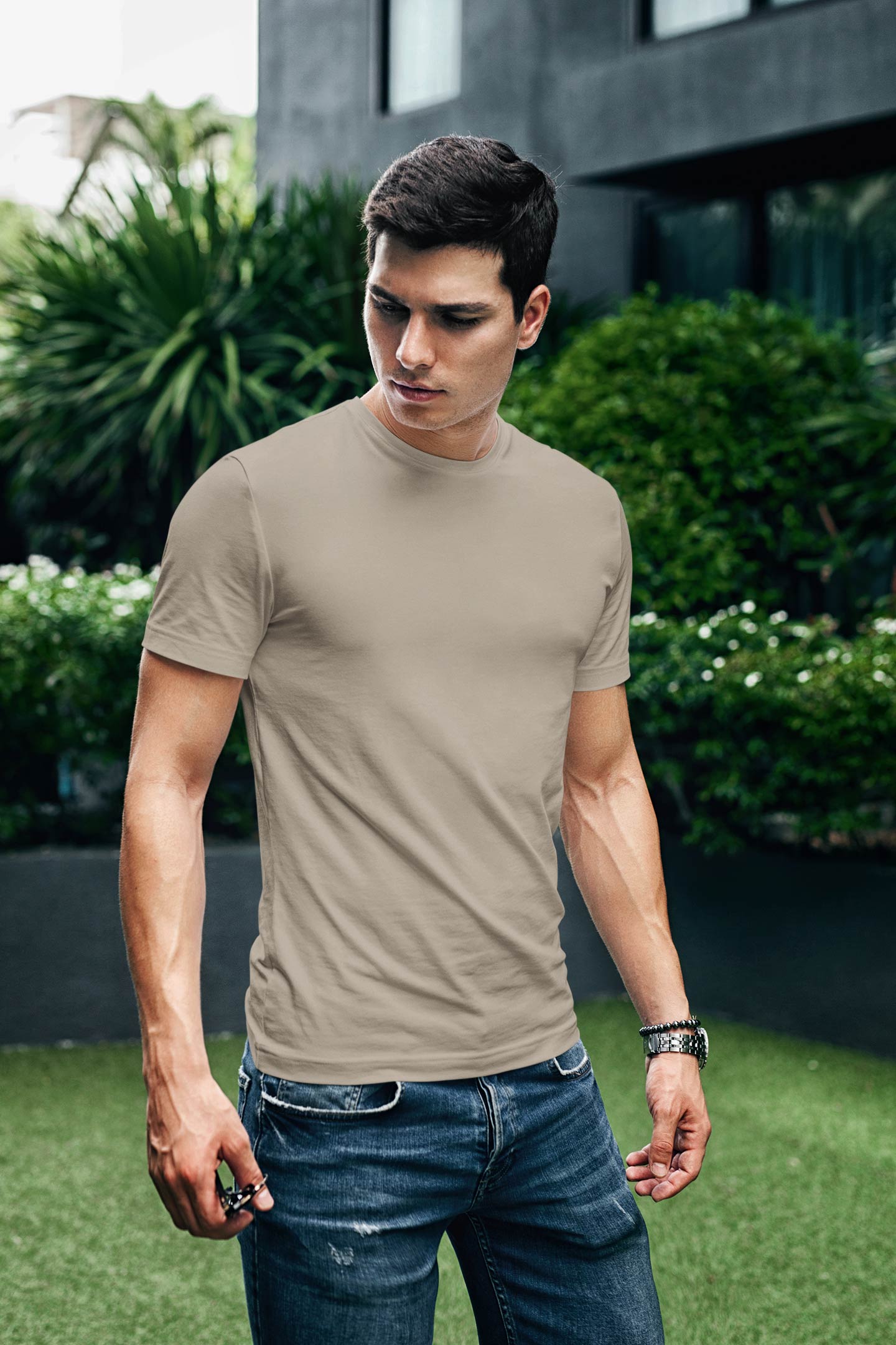 Unisex Regular Fit Beige Plain T-Shirt With Short Sleeves And Round Neck