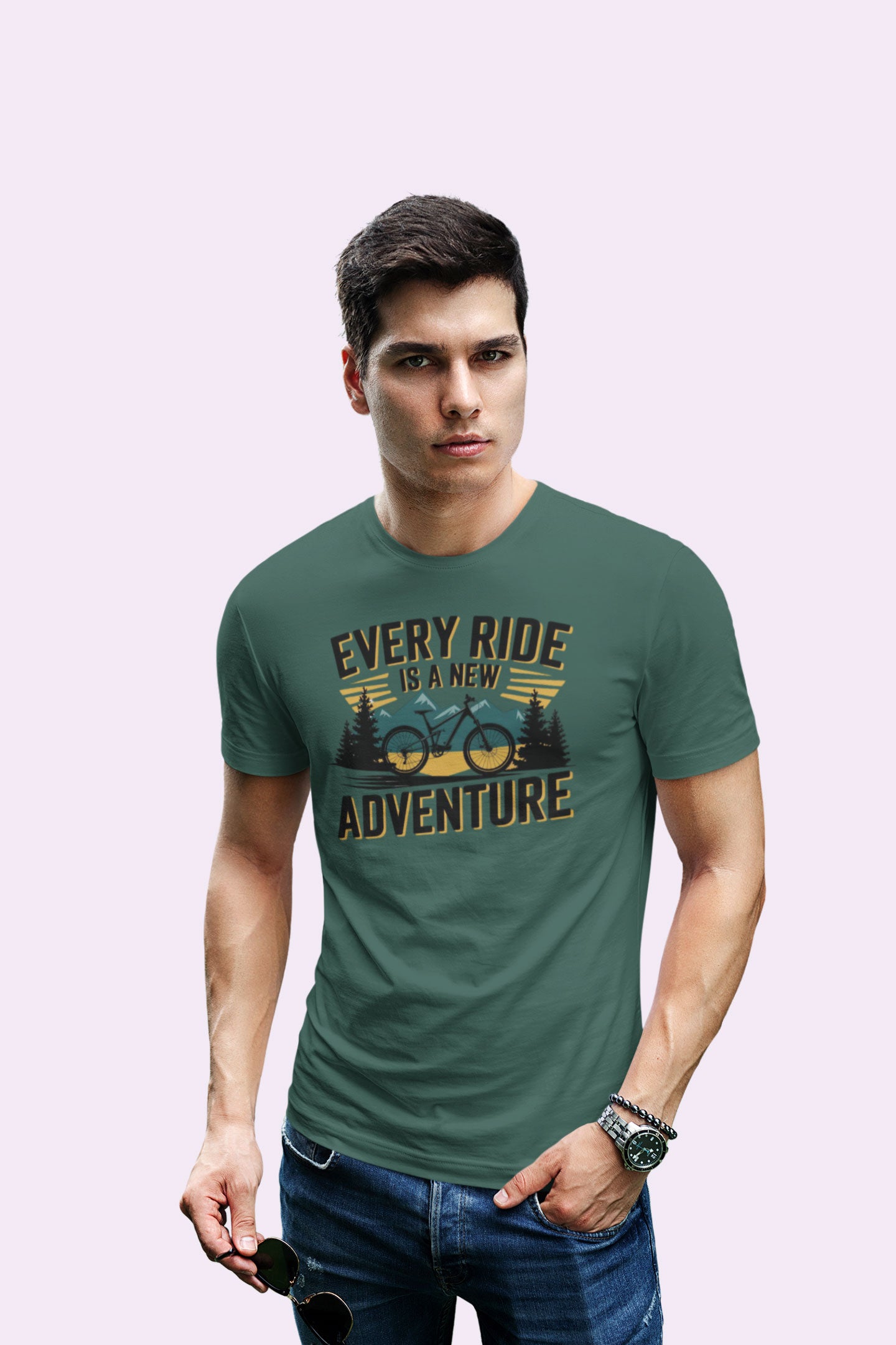 Every Ride Is a New Adventure Men’s Bottle Green Coloured Graphic Tee - Cotton