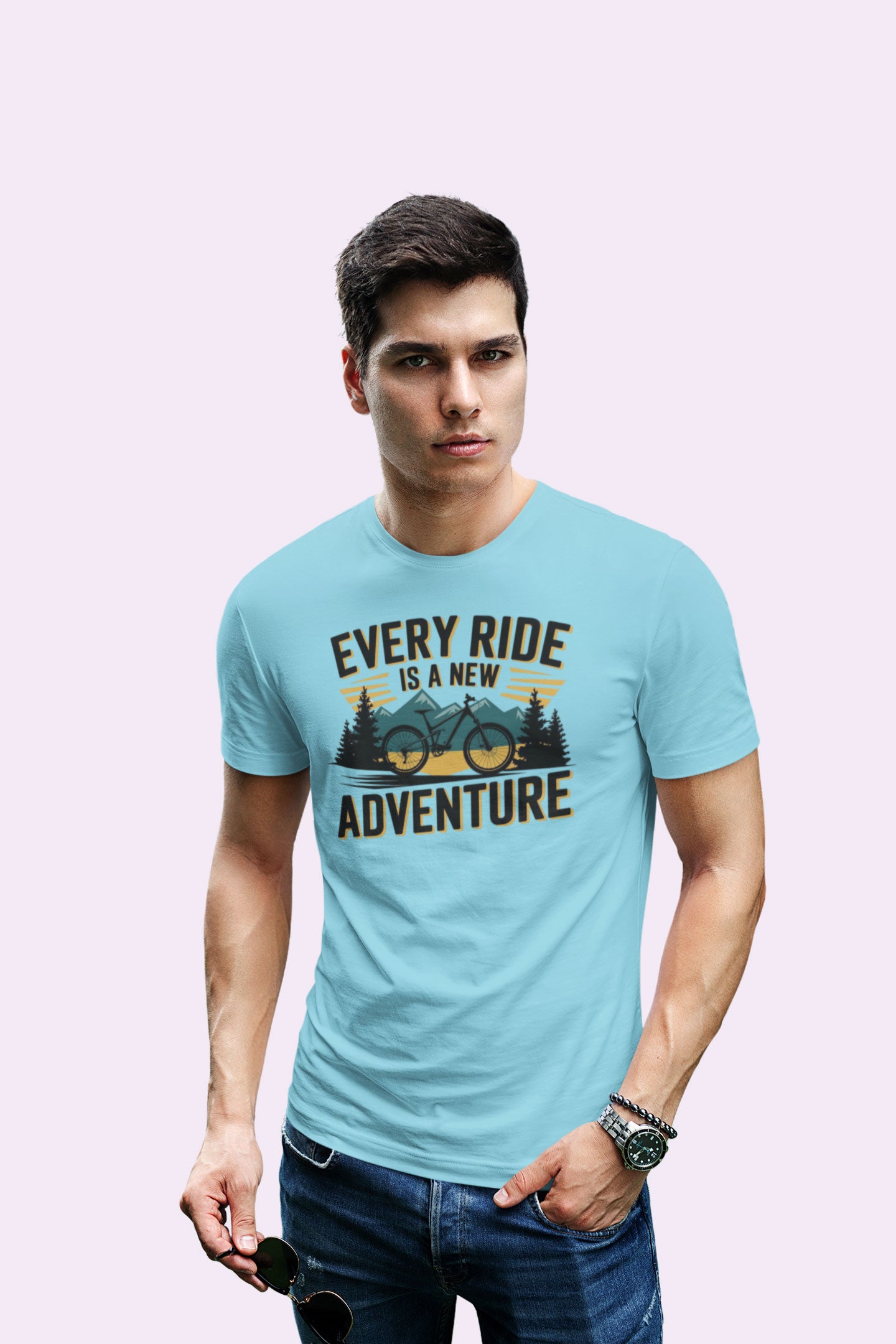 Every Ride Is a New Adventure Men’s Sky Blue Coloured Graphic Tee - Cotton