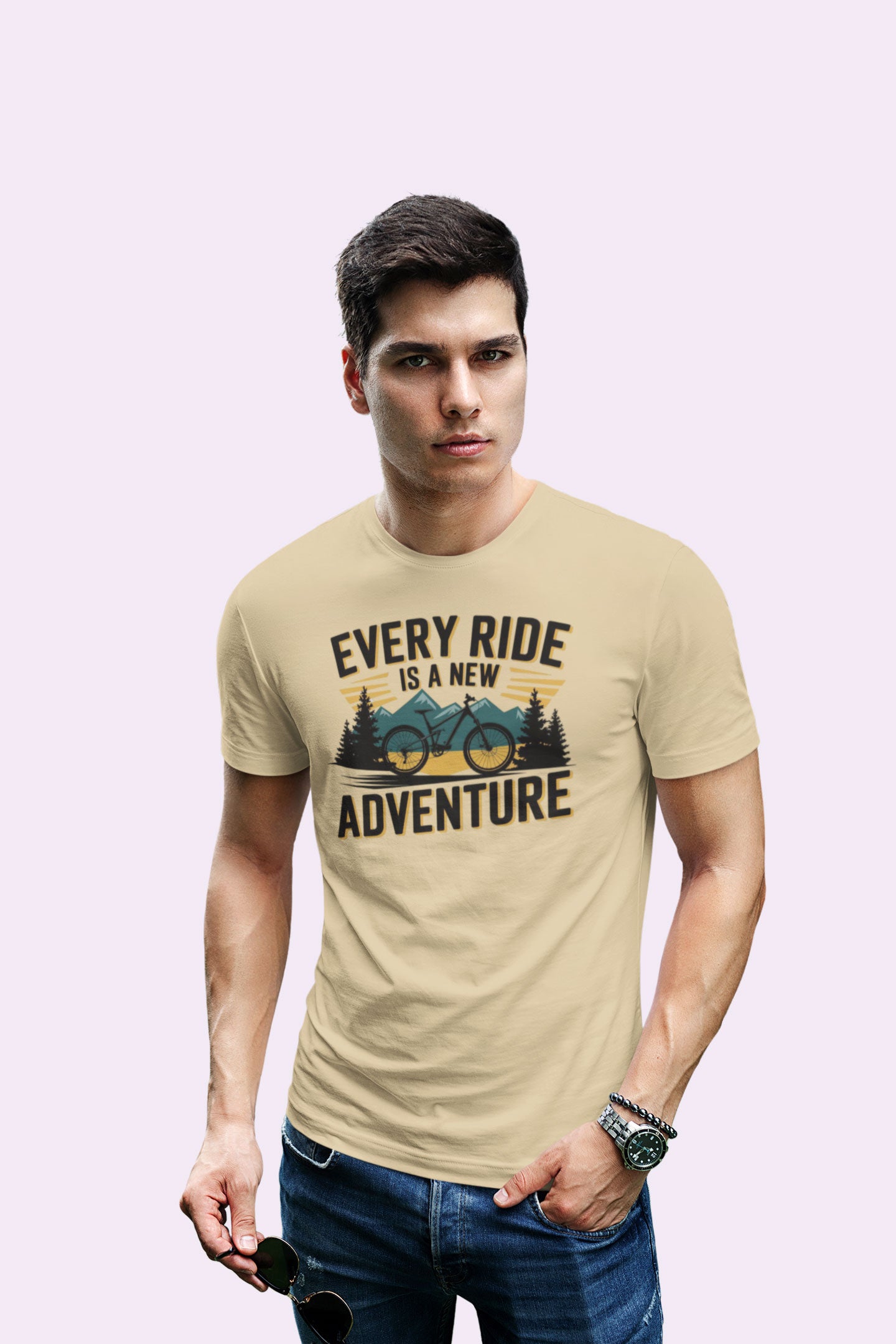 Every Ride Is a New Adventure Men’s Beige Coloured Graphic Tee - Cotton