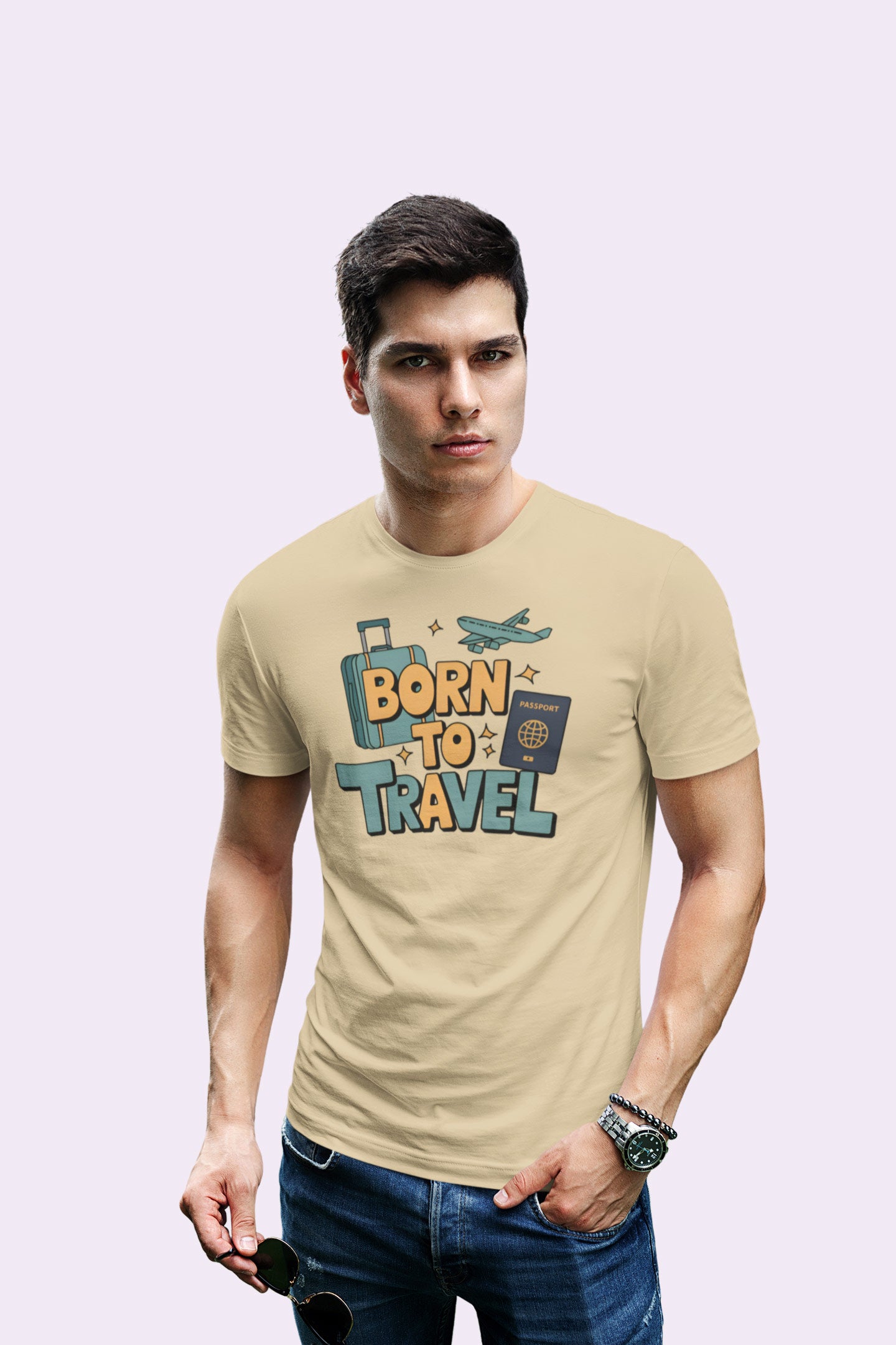 Born to Travel Men's Graphic Beige Coloured T-Shirt - Travel Tee
