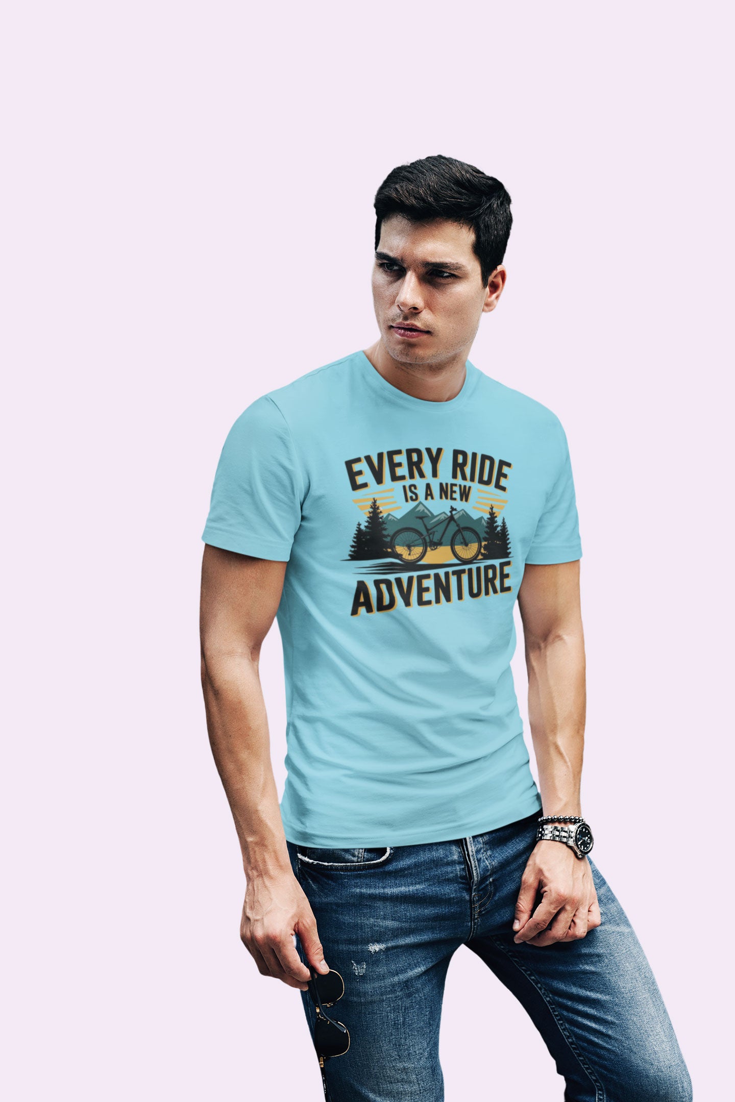 Every Ride Is a New Adventure Men’s Sky Blue Coloured Graphic Tee - Cotton