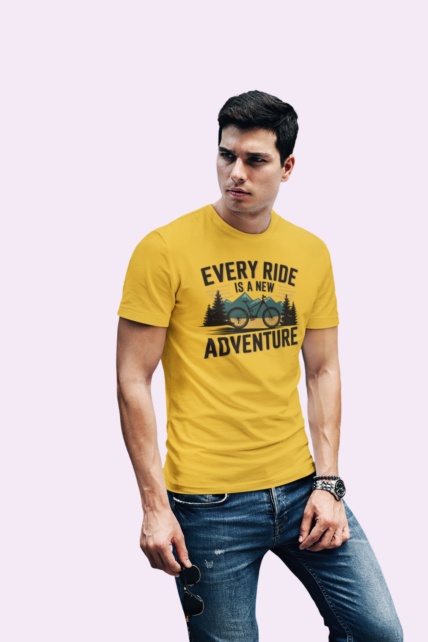 Every Ride Is a New Adventure Men’s Mustard Yellow Coloured Graphic Tee - Cotton