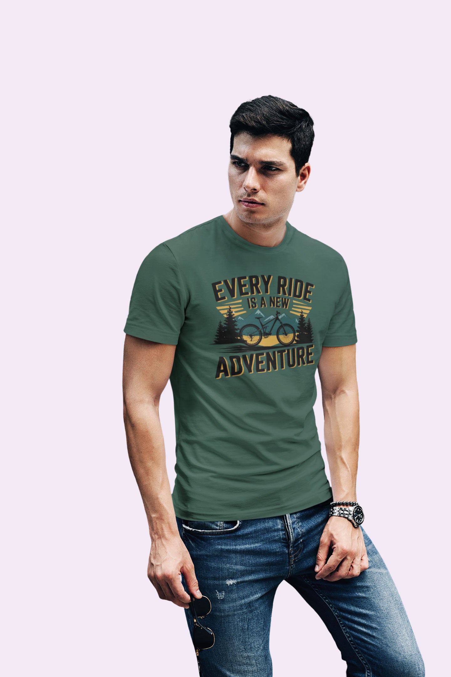 Every Ride Is a New Adventure Men’s Bottle Green Coloured Graphic Tee - Cotton