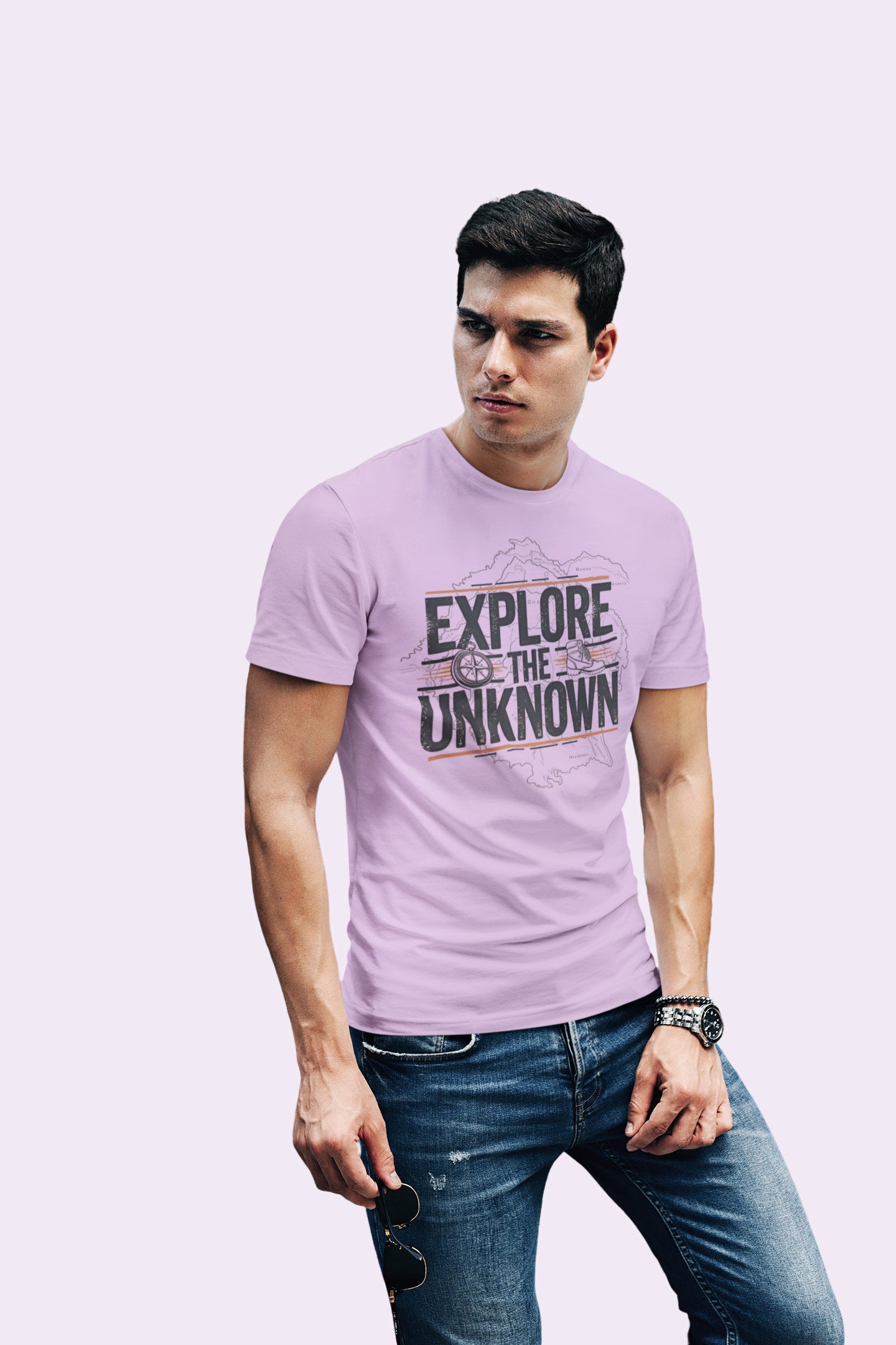 Explore the Unknown Men’s Graphic Tee – Adventure Lavender Coloured T-Shirt for Hiking & Travel