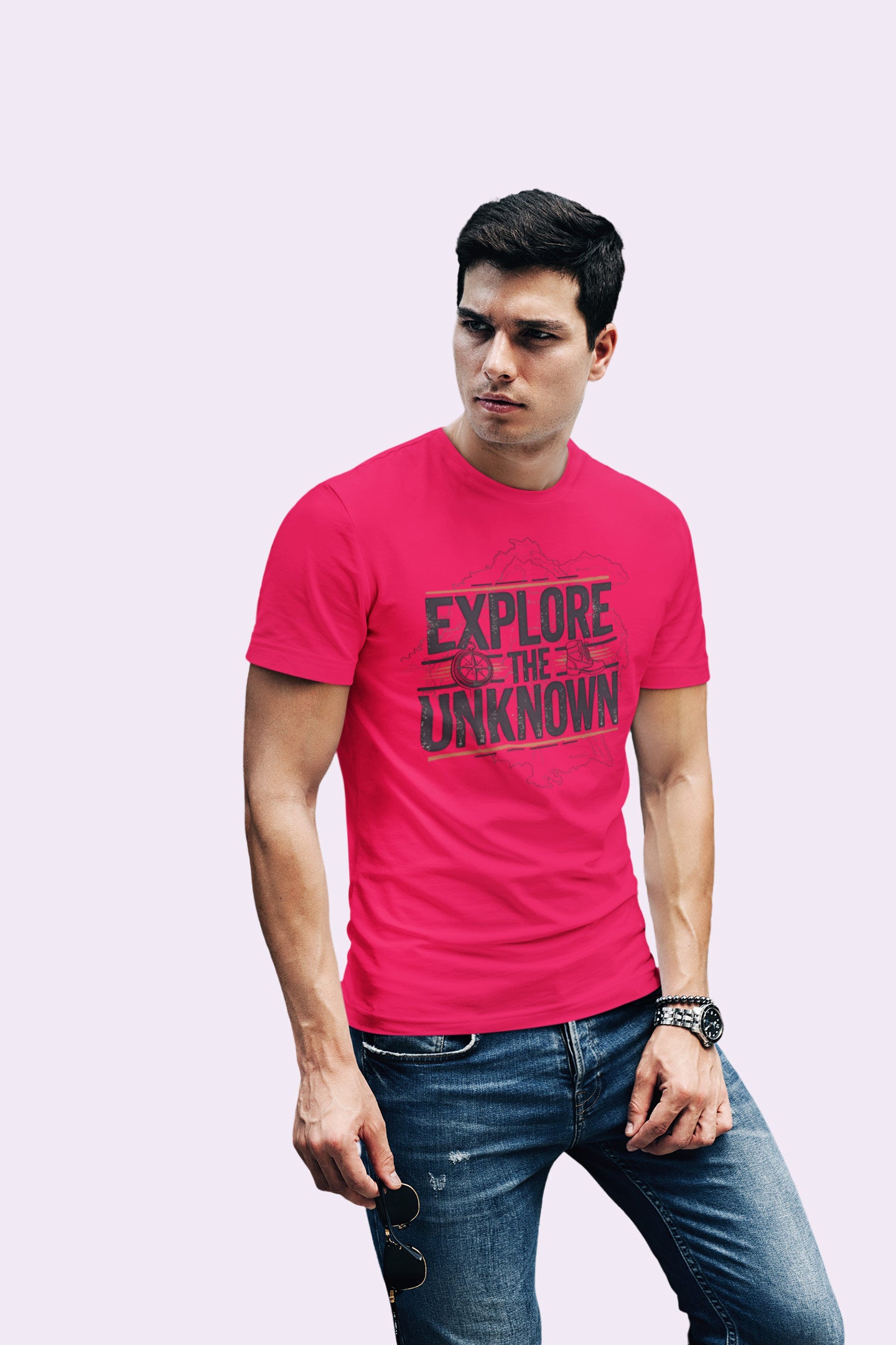 Explore the Unknown Men’s Graphic Tee – Adventure Pinkish Red Coloured T-Shirt for Hiking & Travel