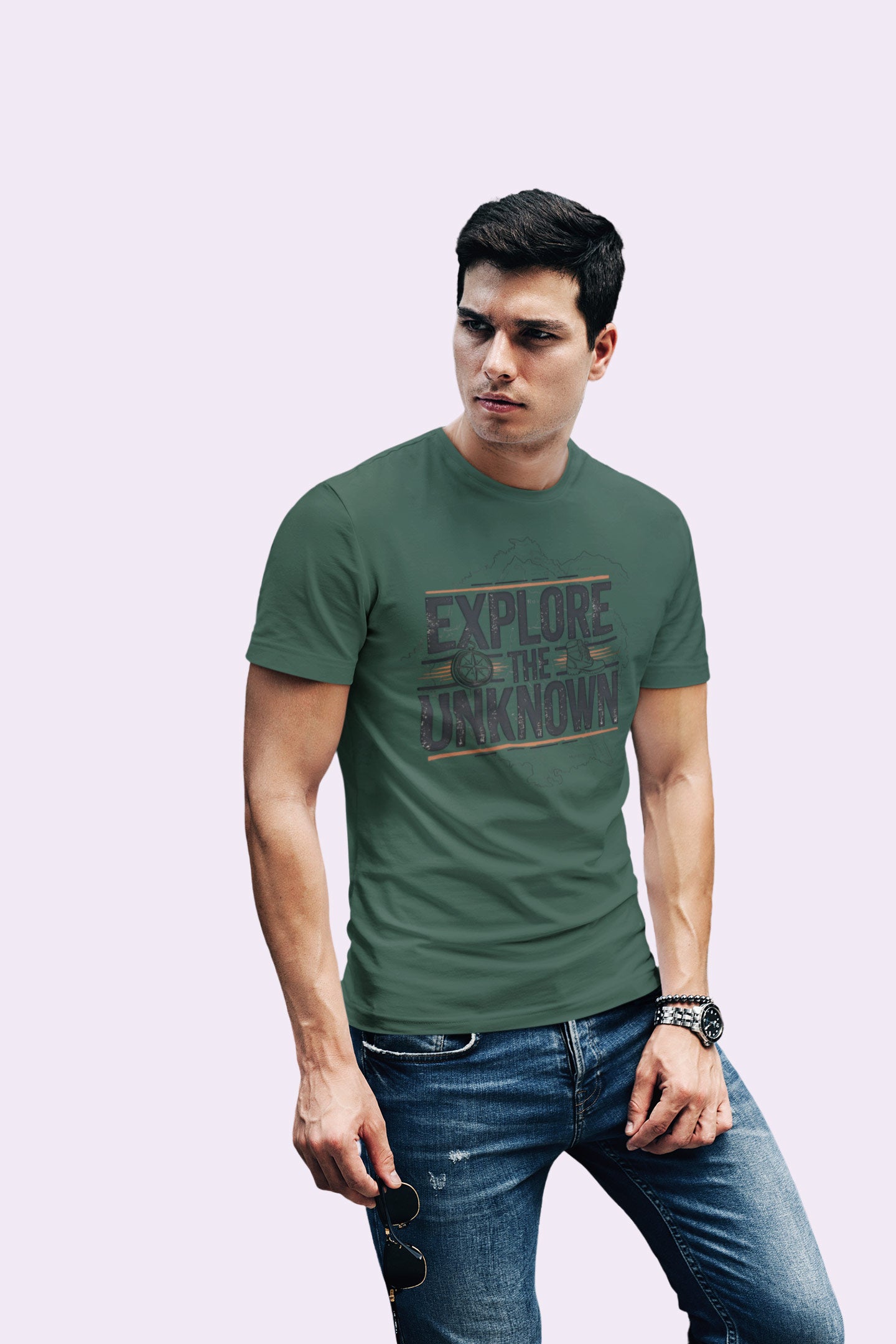 Explore the Unknown Men’s Graphic Tee – Adventure Bottle Green Coloured T-Shirt for Hiking & Travel