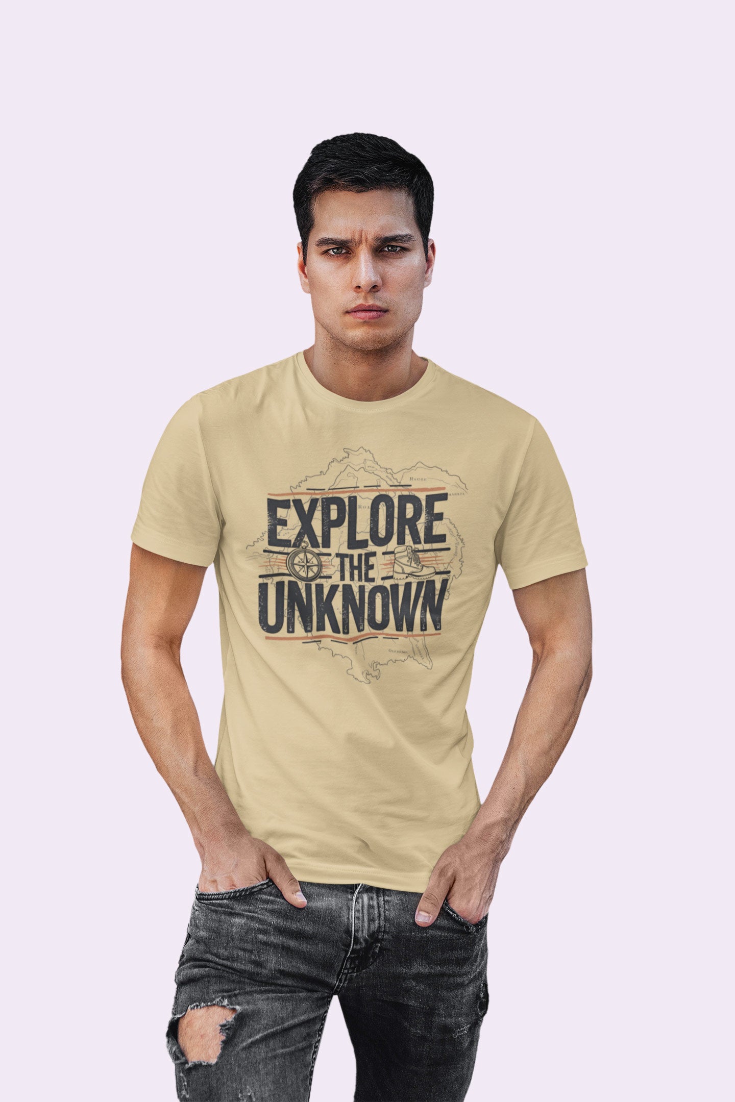 Explore the Unknown Men’s Graphic Tee – Adventure Beige Coloured T-Shirt for Hiking & Travel