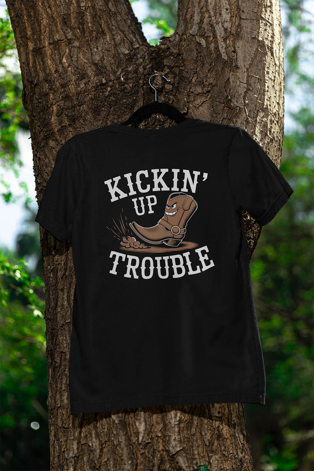 Kickin’ Up Trouble Women’s Cowboy Boot Graphic T Shirt