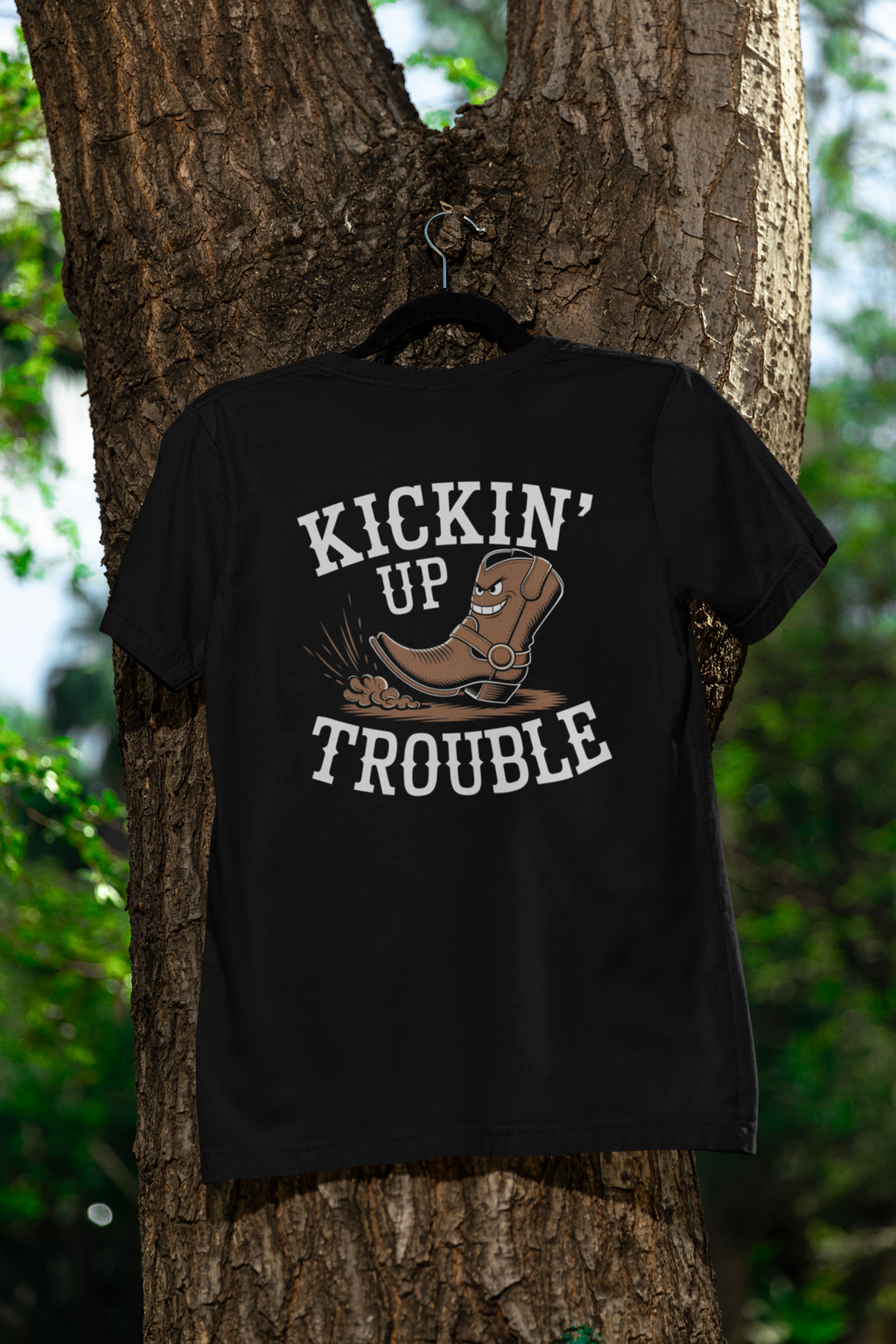 Kickin’ Up Trouble Women’s Cowboy Boot Graphic T Shirt – Funny Western Rodeo Tee
