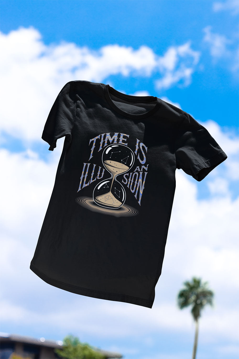 Women's Time Is An Illusion T Shirt – Black Cotton Tee with Hourglass Graphic