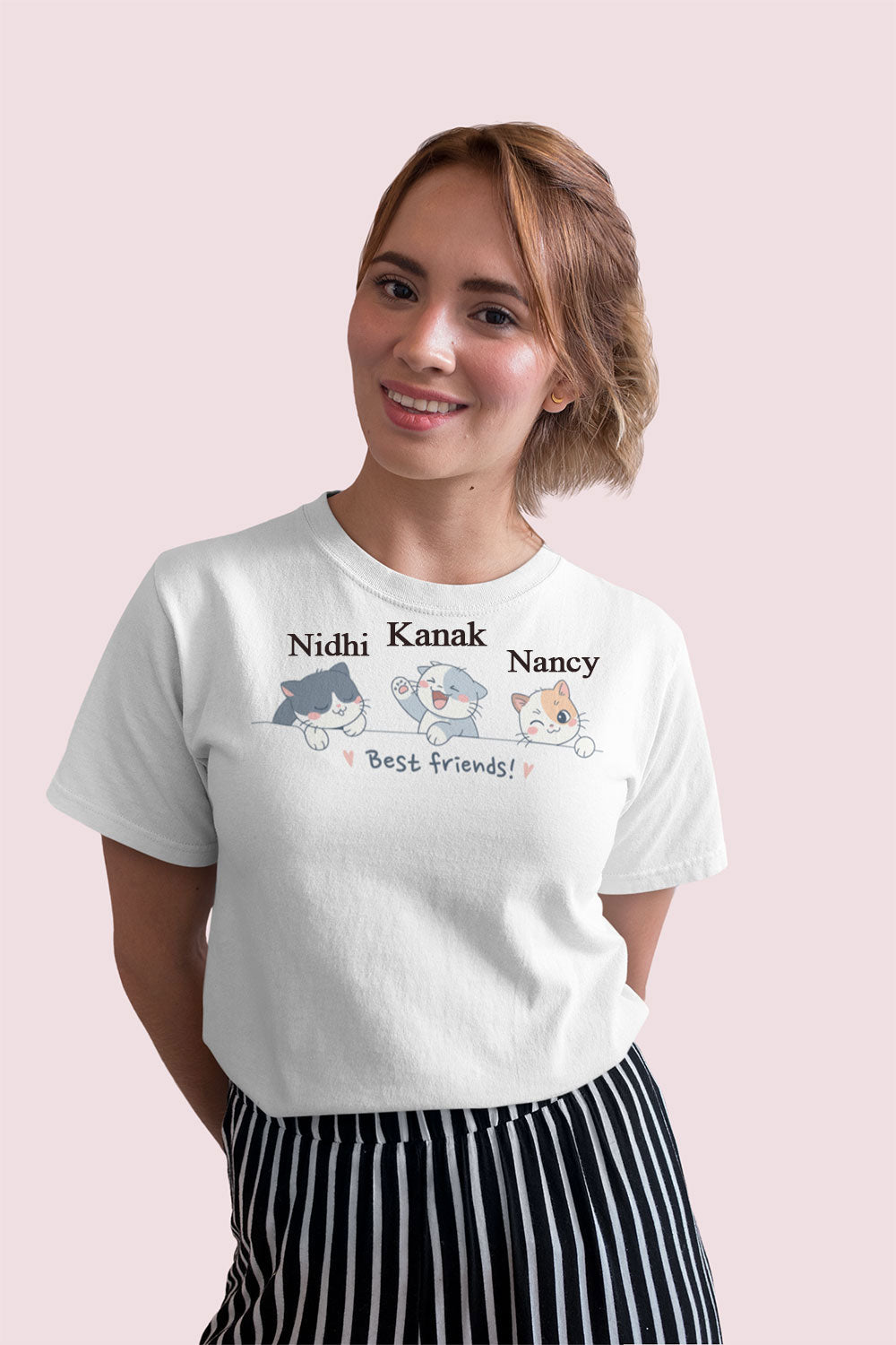 Personalized Best Friends Cats Graphic T-Shirt Women White