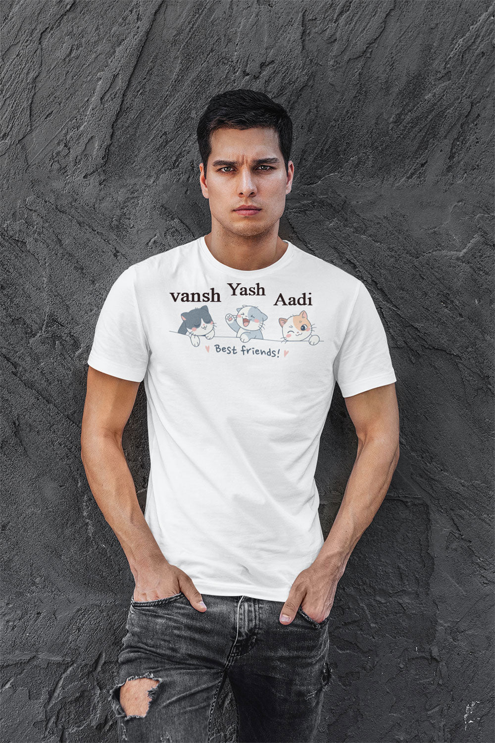 Personalized Best Friends Cats Graphic T-Shirt Men White