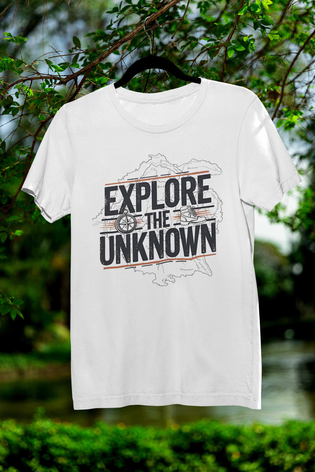 Explore the Unknown Men’s Graphic Tee – Adventure White Coloured T-Shirt for Hiking & Travel