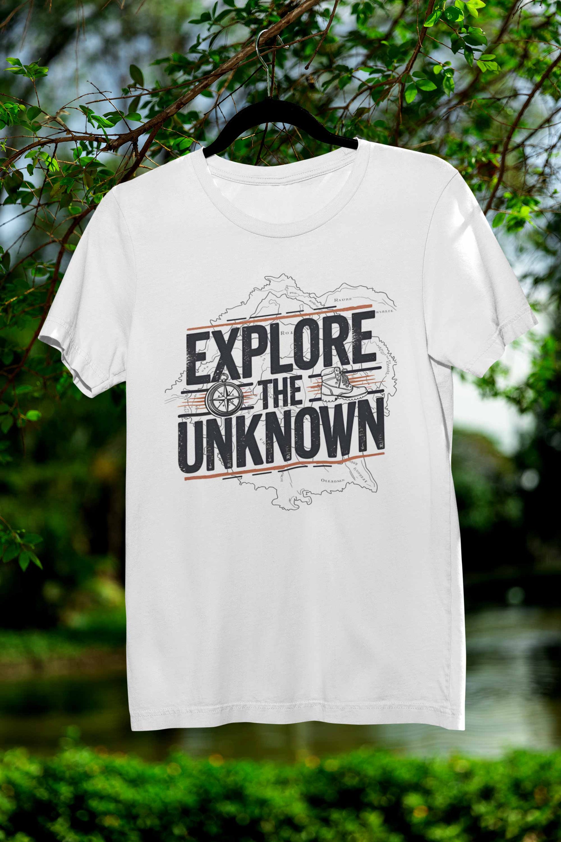 Explore the Unknown Men’s Graphic Tee – Adventure White Coloured T-Shirt for Hiking & Travel