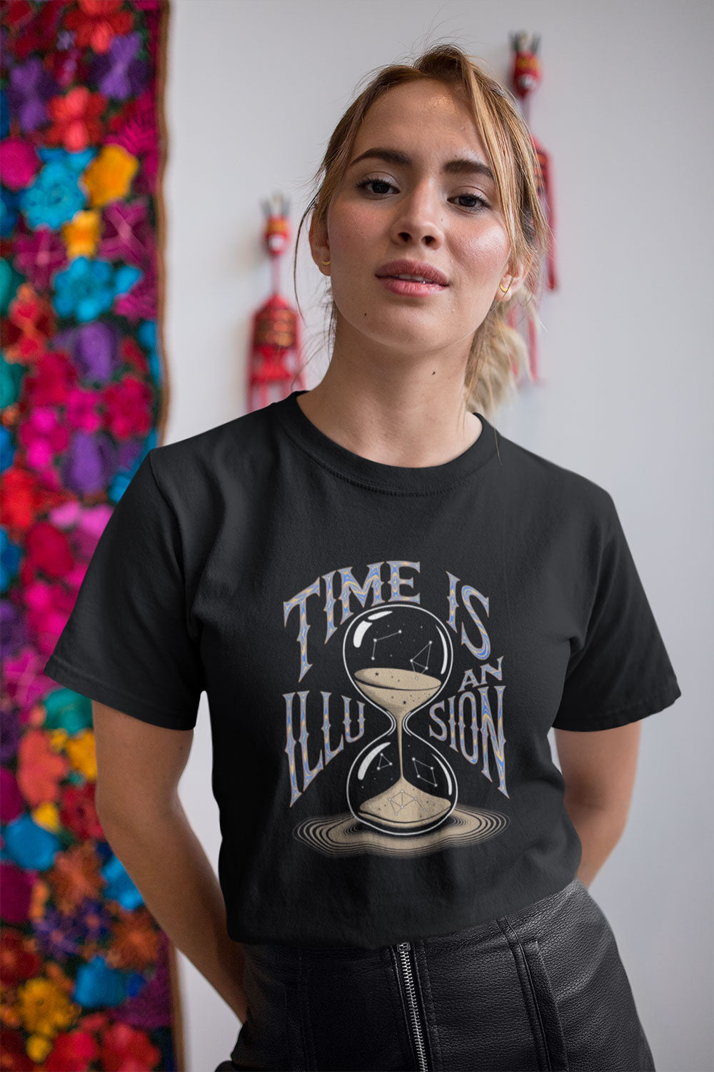 Women's Time Is An Illusion T Shirt – Black Cotton Tee with Hourglass Graphic