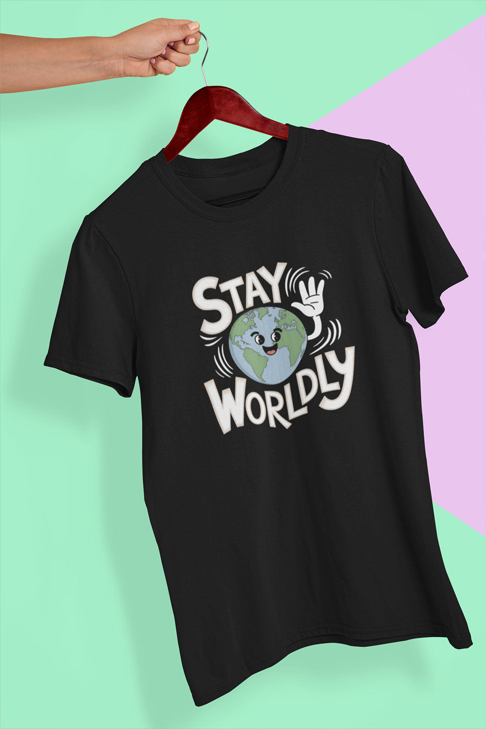 Stay Worldly Black Graphic T Shirt for Women with Positive Global Message