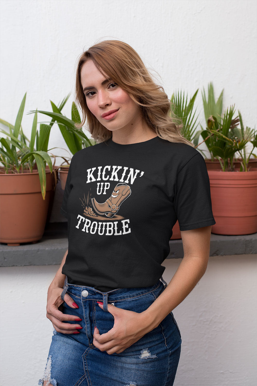 Kickin’ Up Trouble Women’s Cowboy Boot Graphic T Shirt