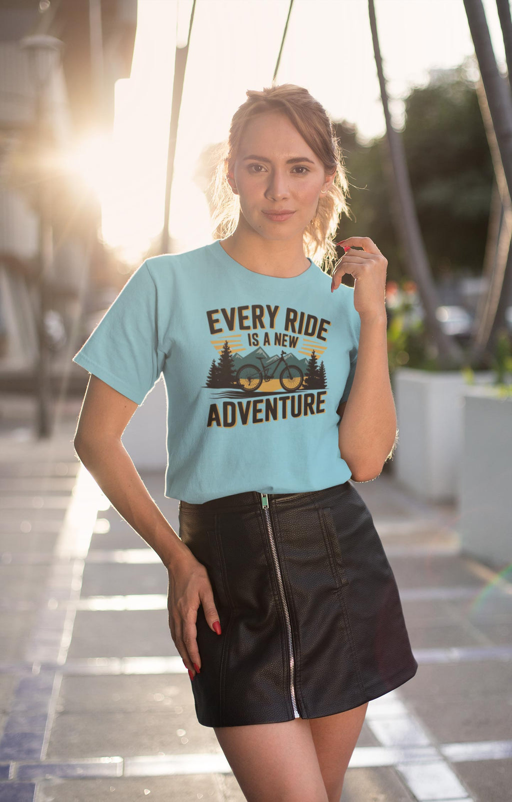 Every Ride Is a New Adventure Women’s Sky Blue Coloured Graphic Tee - Cotton