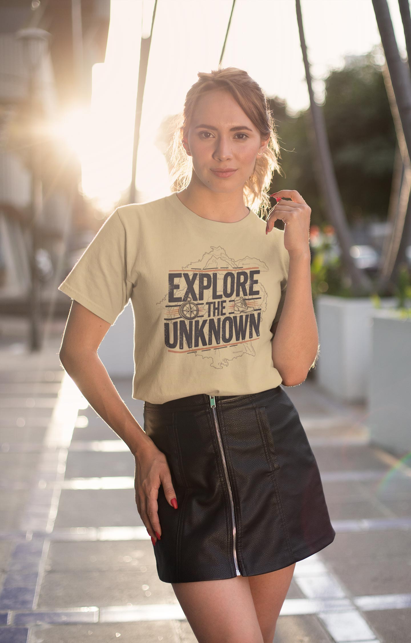 Explore the Unknown Women’s Graphic Tee – Adventure Beige Coloured T-Shirt for Hiking & Travel