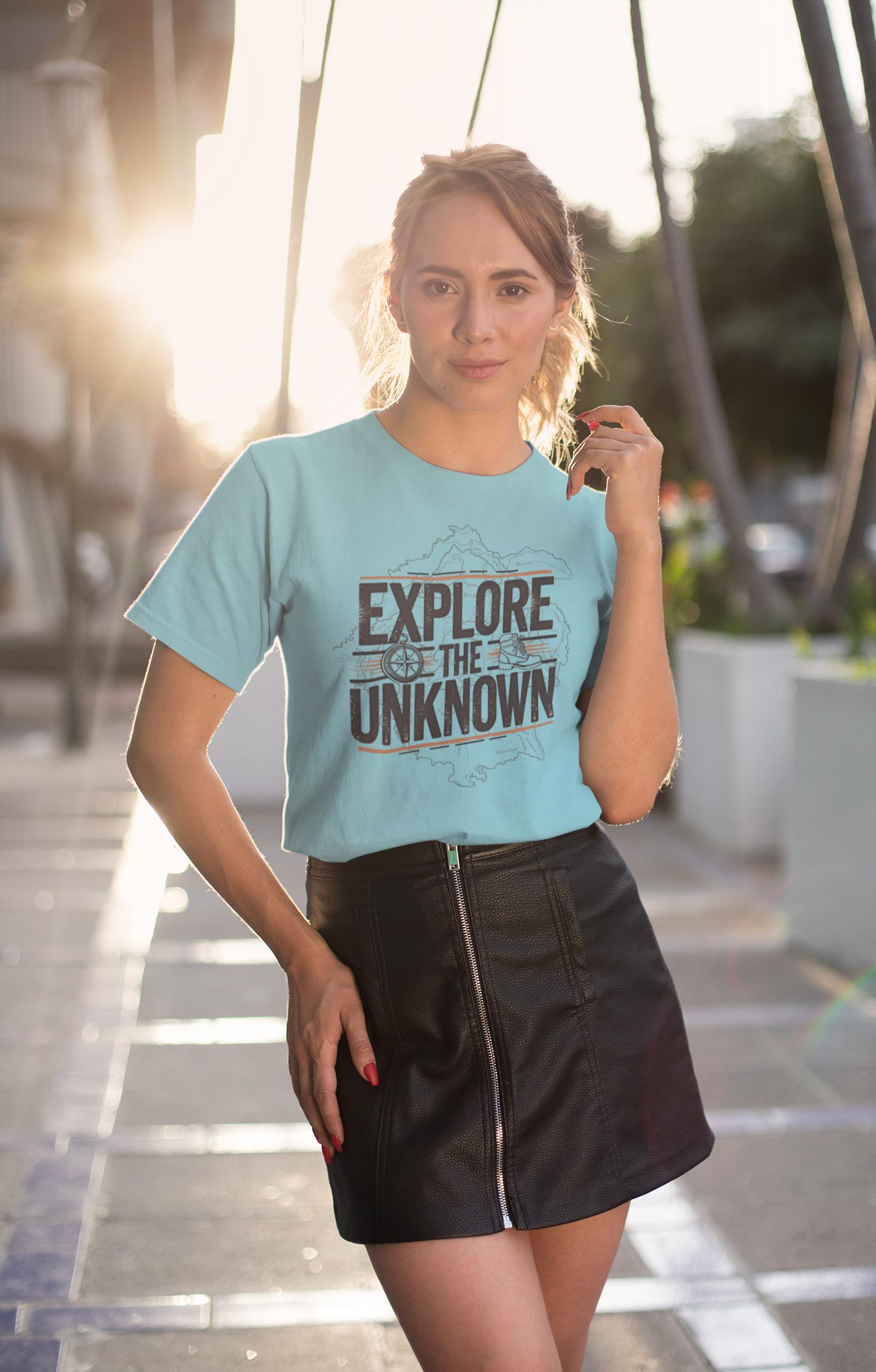 Explore the Unknown Women’s Graphic Tee – Adventure Sky Blue Coloured T-Shirt for Hiking & Travel