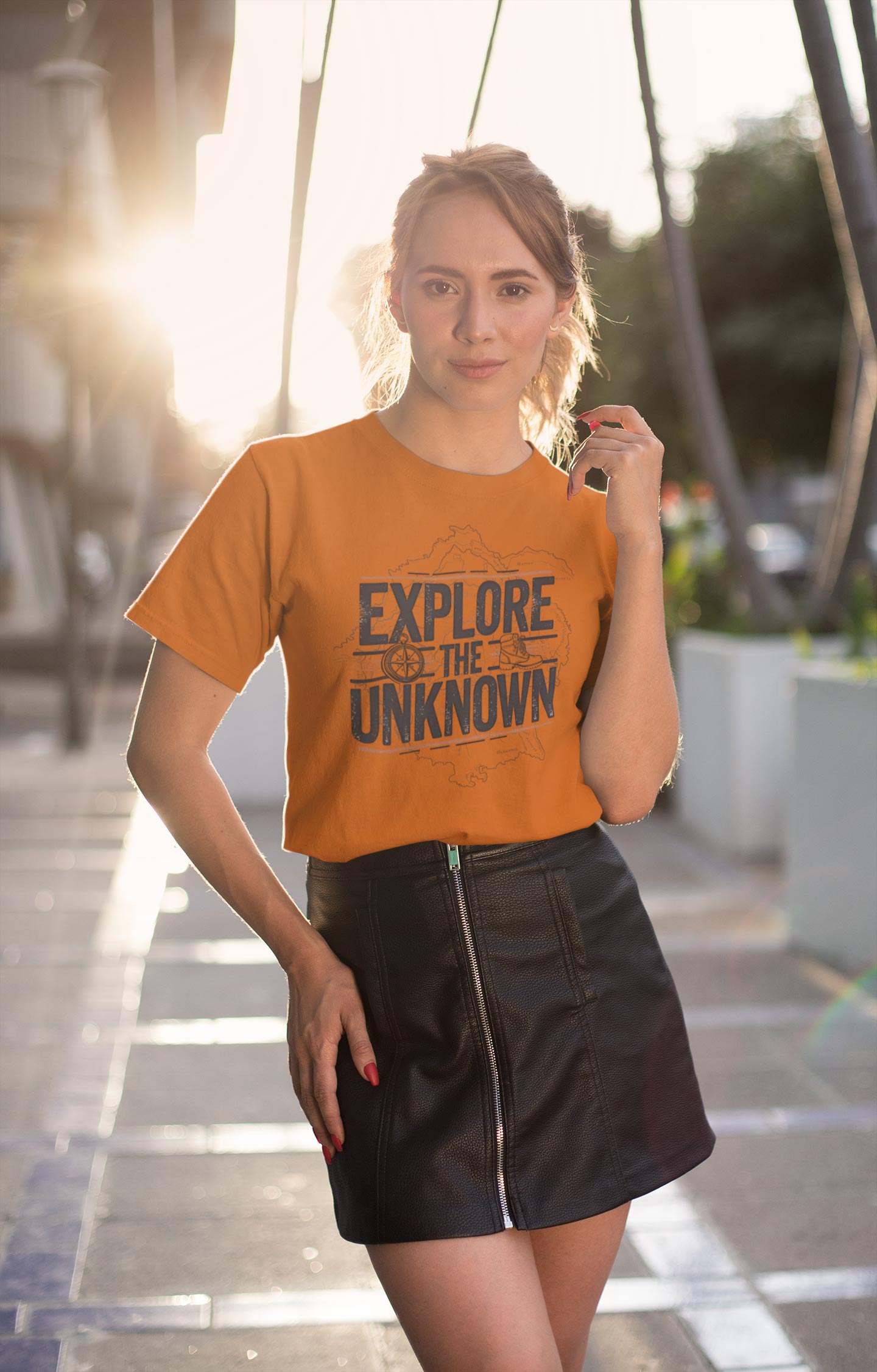 Explore the Unknown Women’s Graphic Tee – Adventure Orange Coloured T-Shirt for Hiking & Travel