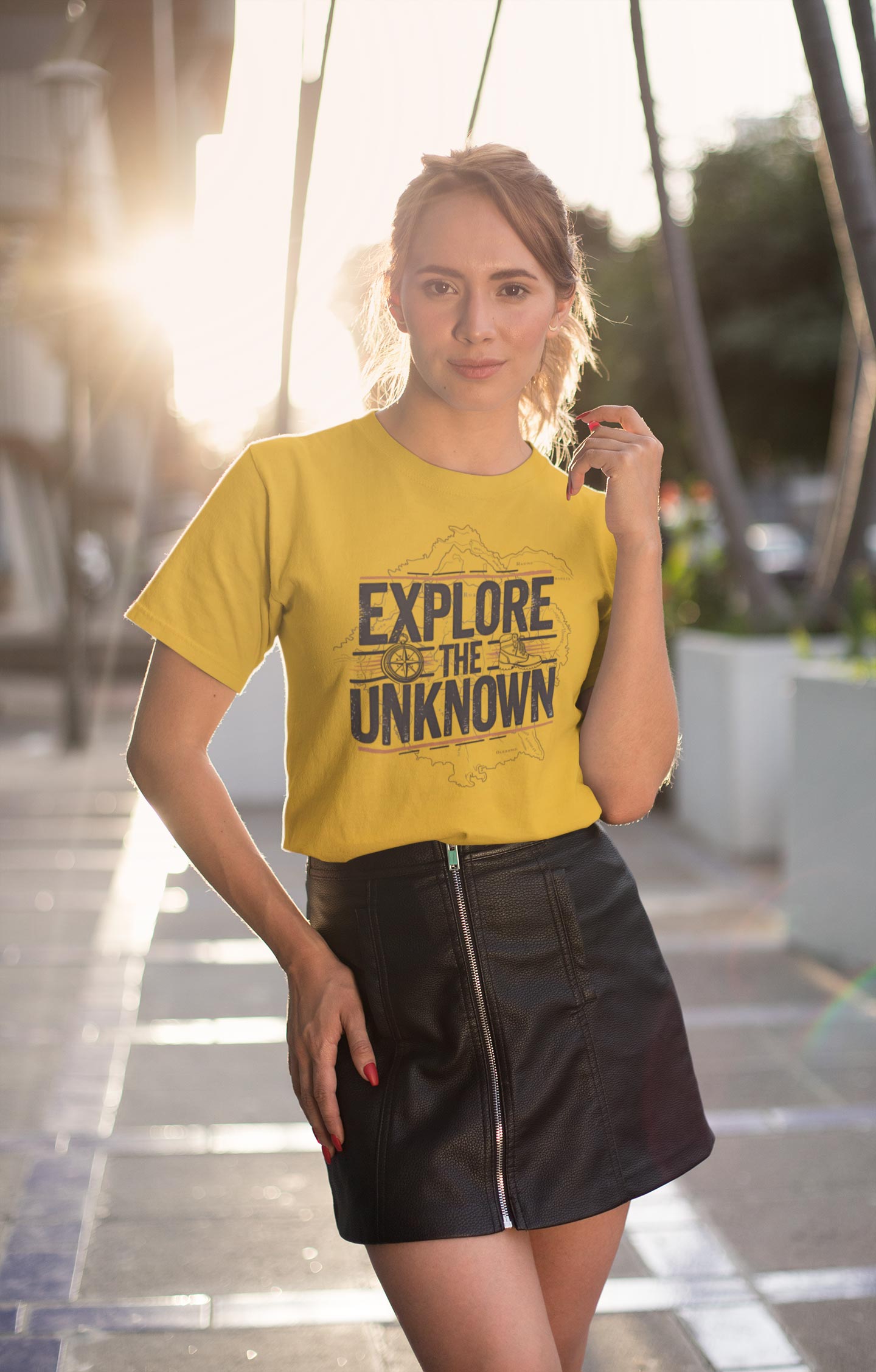 Explore the Unknown Women’s Graphic Tee – Adventure Mustard Yellow Coloured T-Shirt for Hiking & Travel