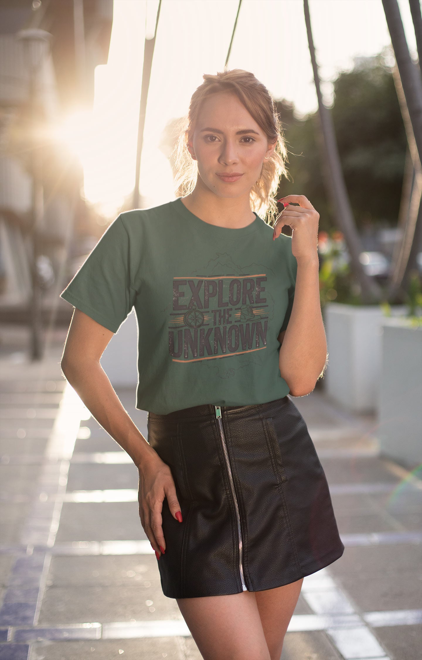 Explore the Unknown Women’s Graphic Tee – Adventure Bottle Green Coloured T-Shirt for Hiking & Travel