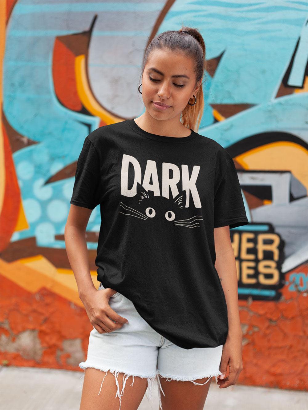 Women's DARK Graphic T Shirt – Black Cotton Tee with Cat Design
