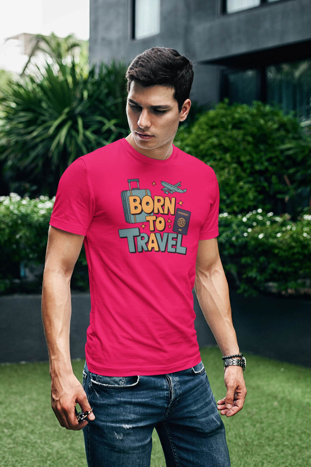 Born to Travel Men's Graphic Pinkish Red Coloured T-Shirt - Travel Tee