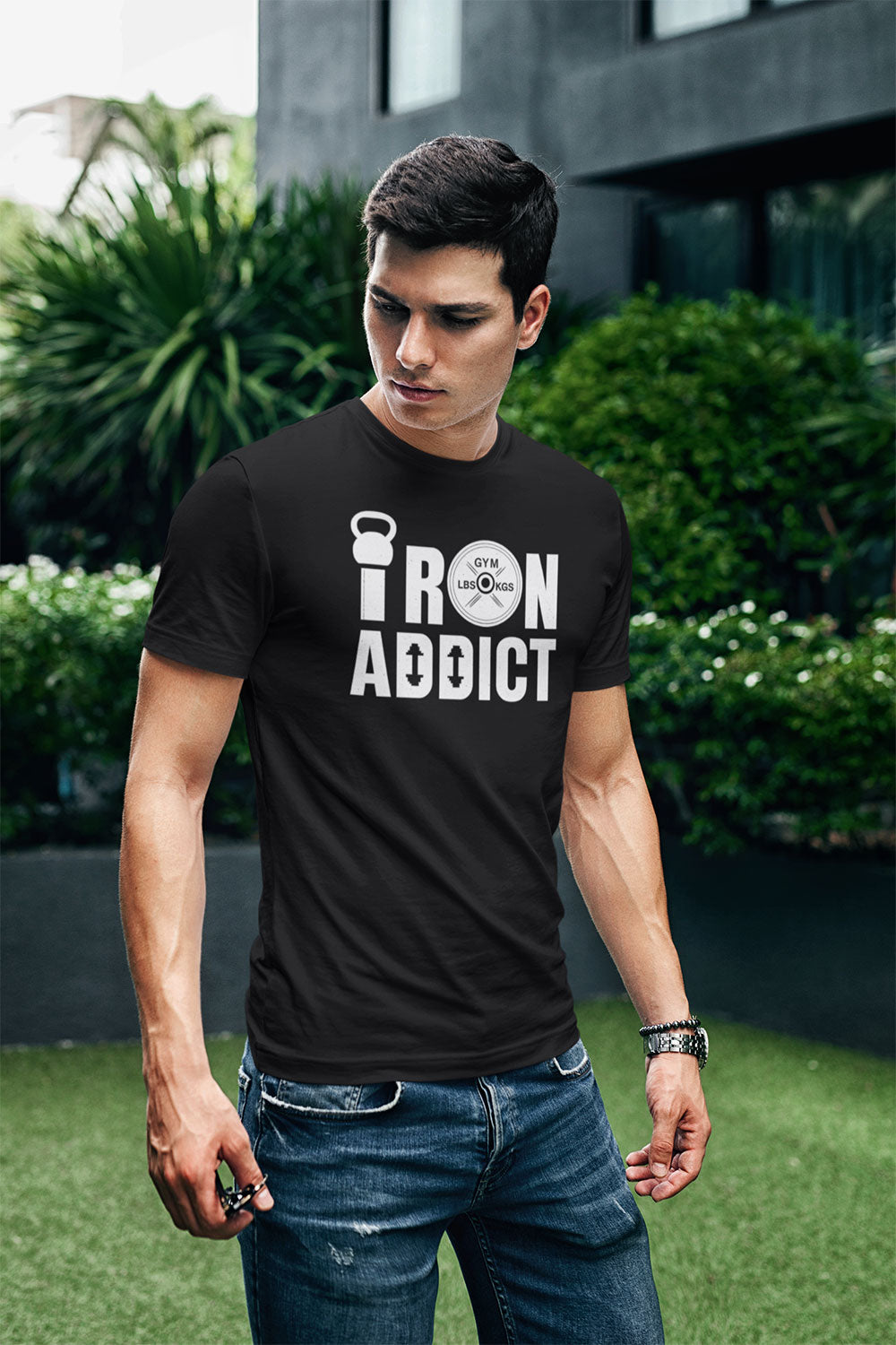 Black “Iron Addict” Fitness Graphic T Shirt