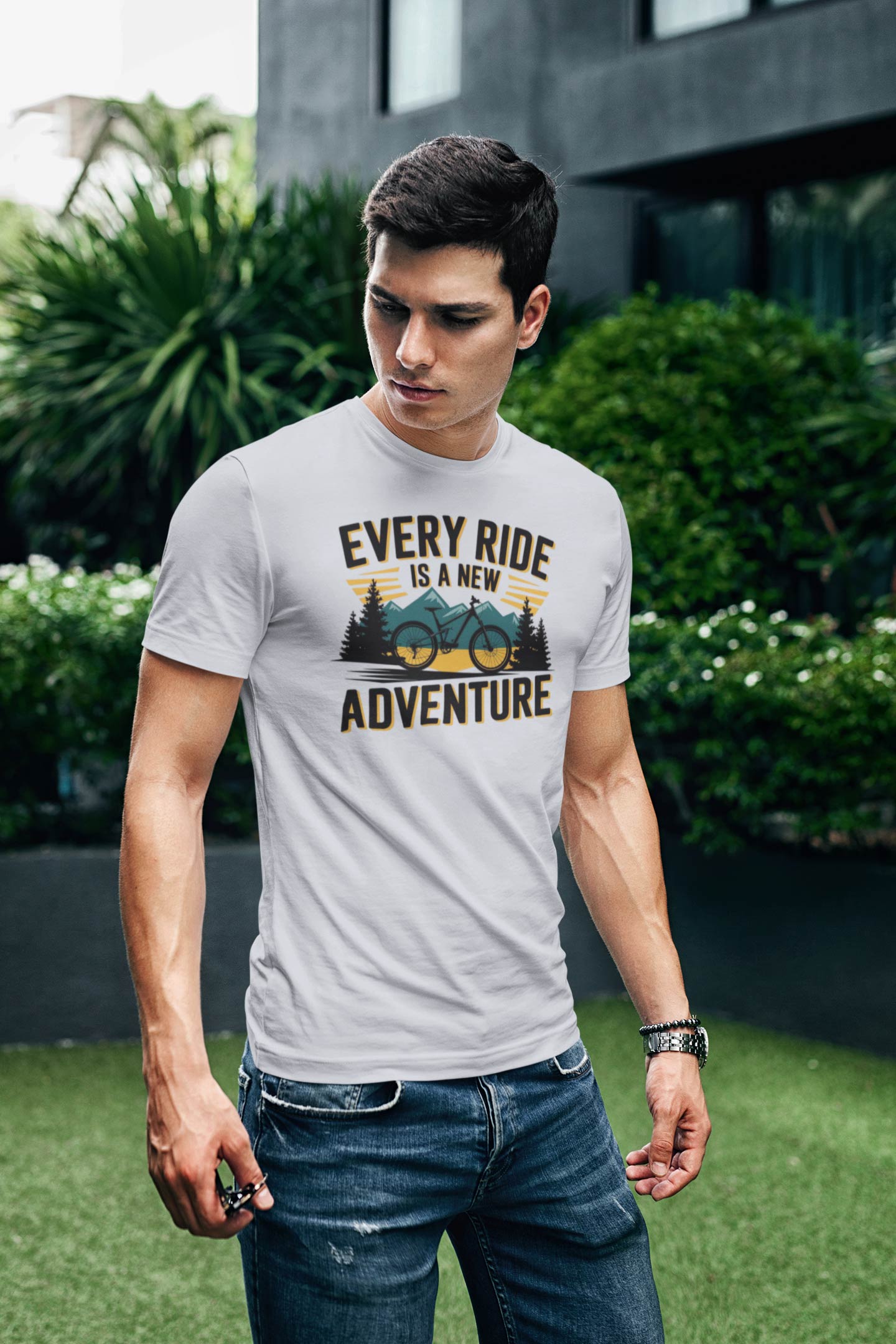 Every Ride Is a New Adventure Men’s Light Gray Coloured Graphic Tee - Cotton