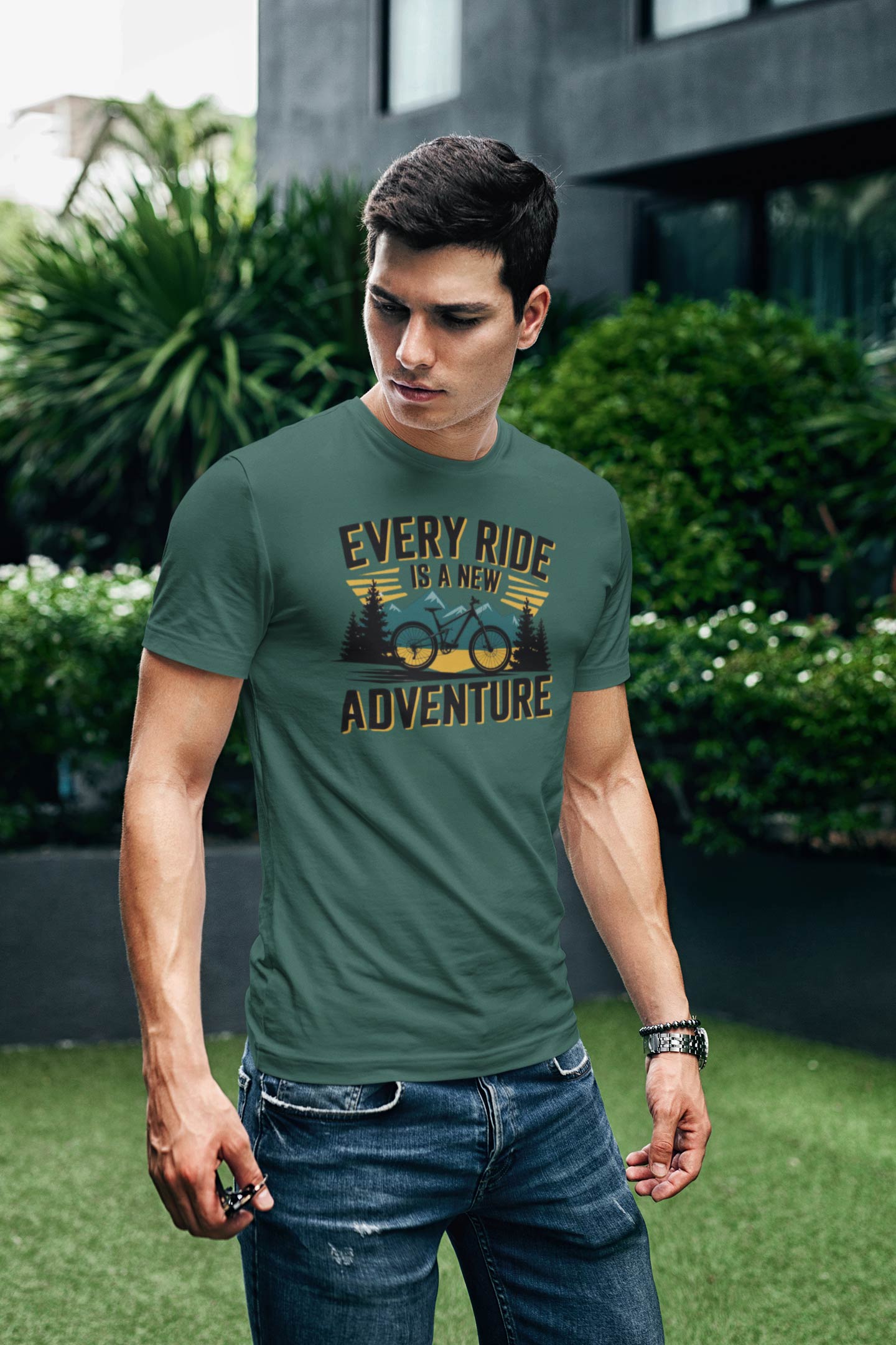 Every Ride Is a New Adventure Men’s Bottle Green Coloured Graphic Tee - Cotton