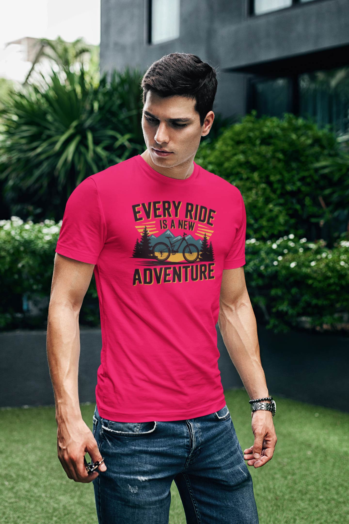 Every Ride Is a New Adventure Men’s Pinkish Red Coloured Graphic Tee - Cotton