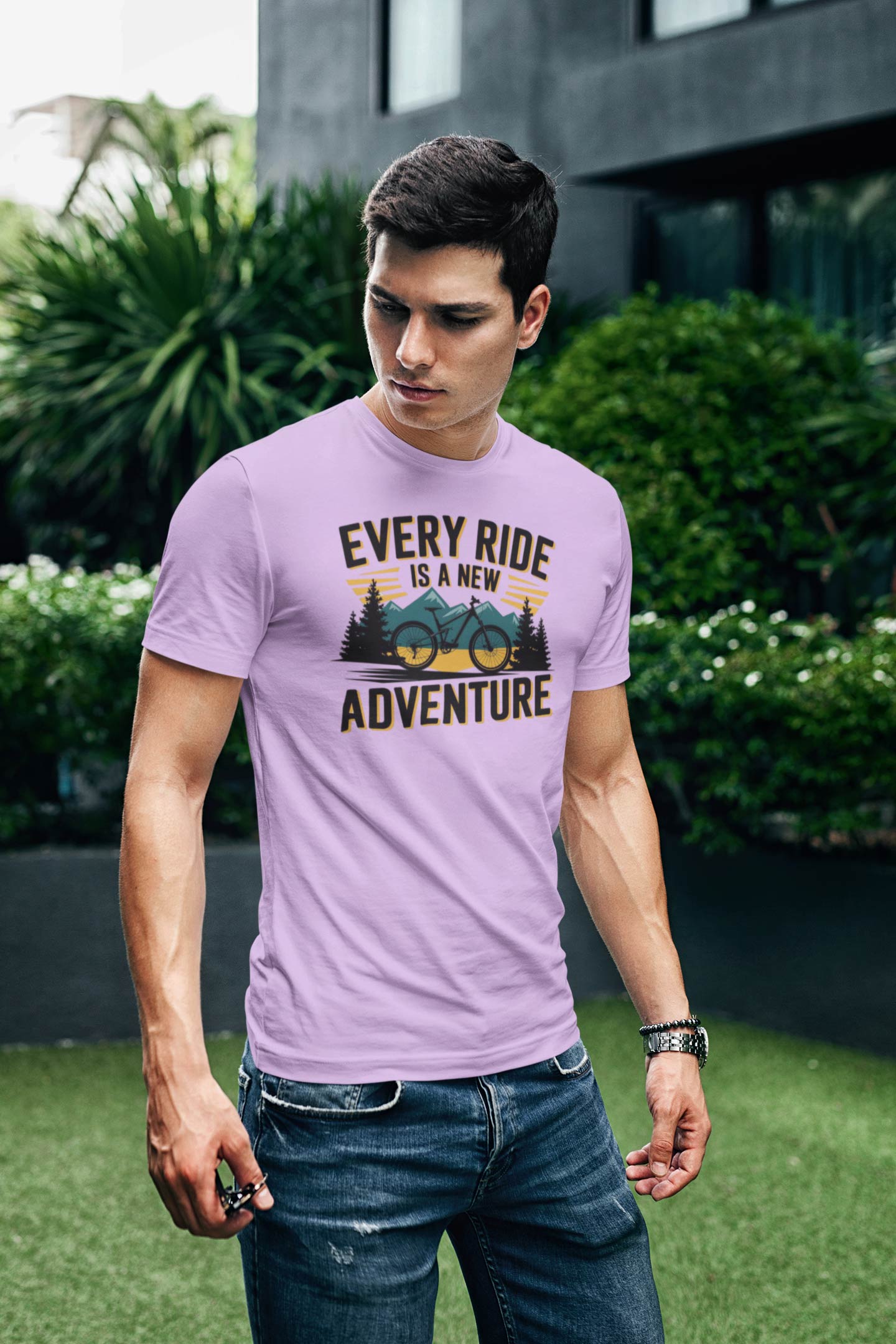 Every Ride Is a New Adventure Men’s Lavender Coloured Graphic Tee - Cotton