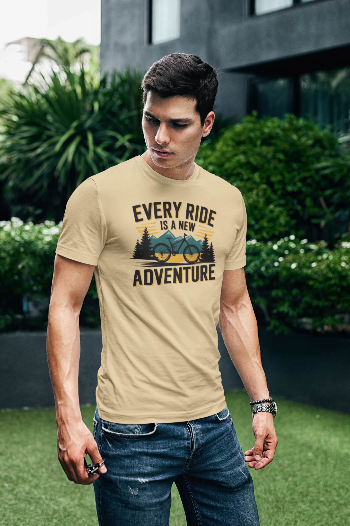 Every Ride Is a New Adventure Men’s Beige Coloured Graphic Tee - Cotton