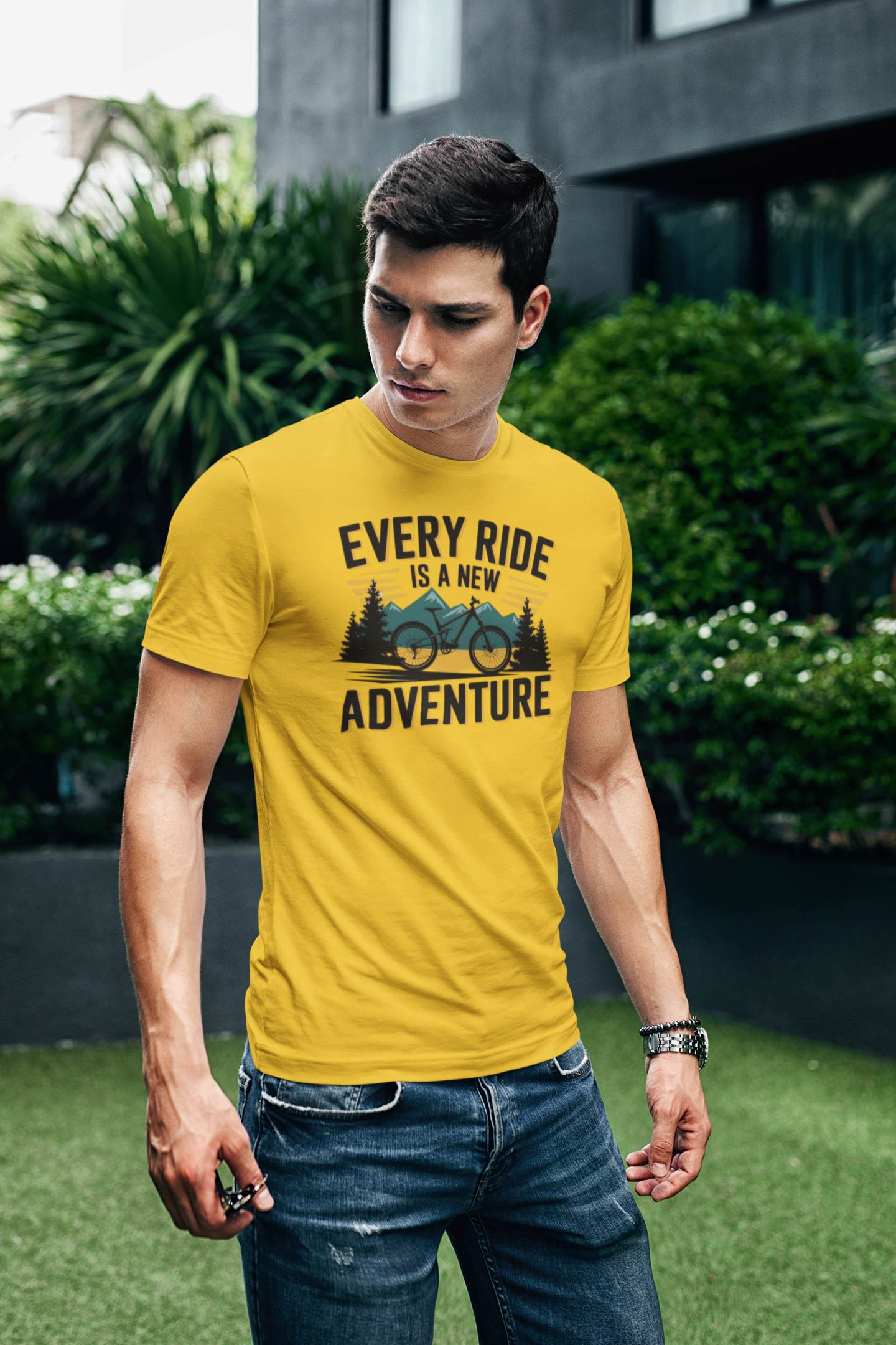 Every Ride Is a New Adventure Men’s Mustard Yellow Coloured Graphic Tee - Cotton