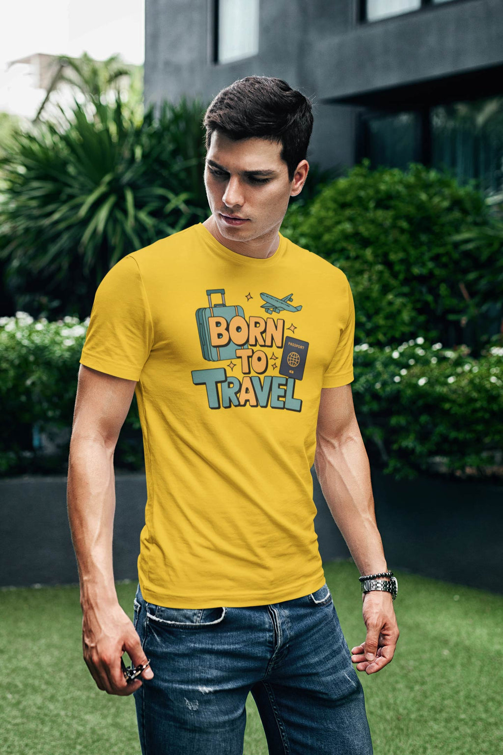 Born to Travel Men's Graphic Mustard Yellow Coloured T-Shirt - Travel Tee