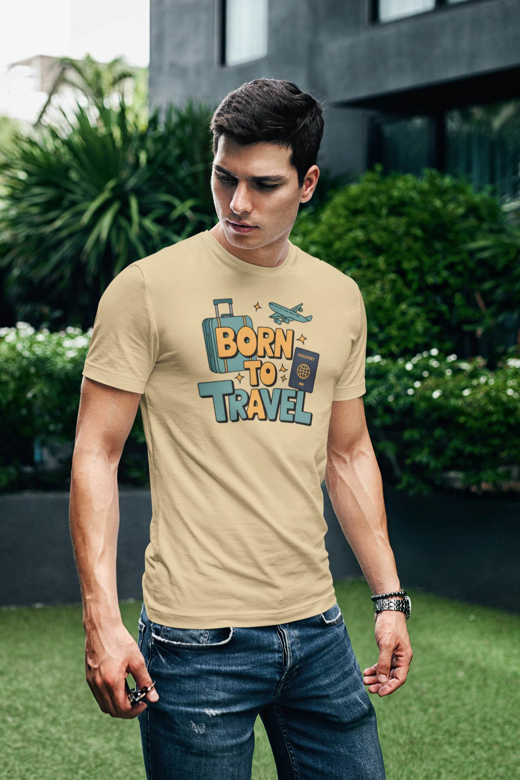 Born to Travel Men's Graphic Beige Coloured T-Shirt - Travel Tee