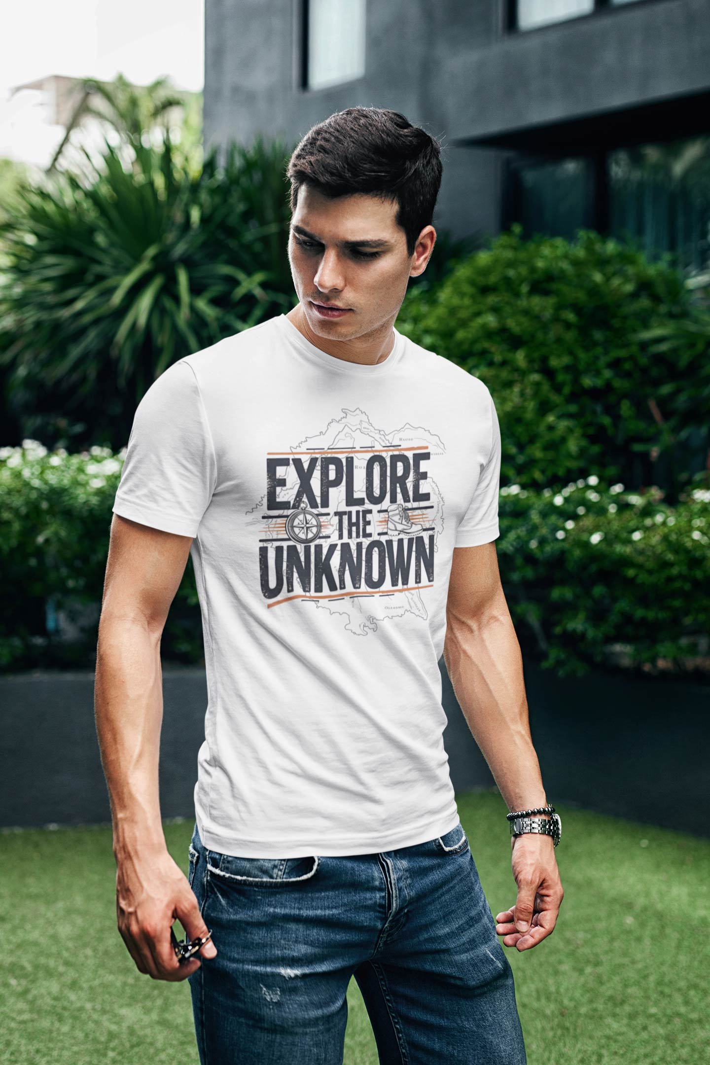 Explore the Unknown Men’s Graphic Tee – Adventure Light Gray Coloured T-Shirt for Hiking & Travel