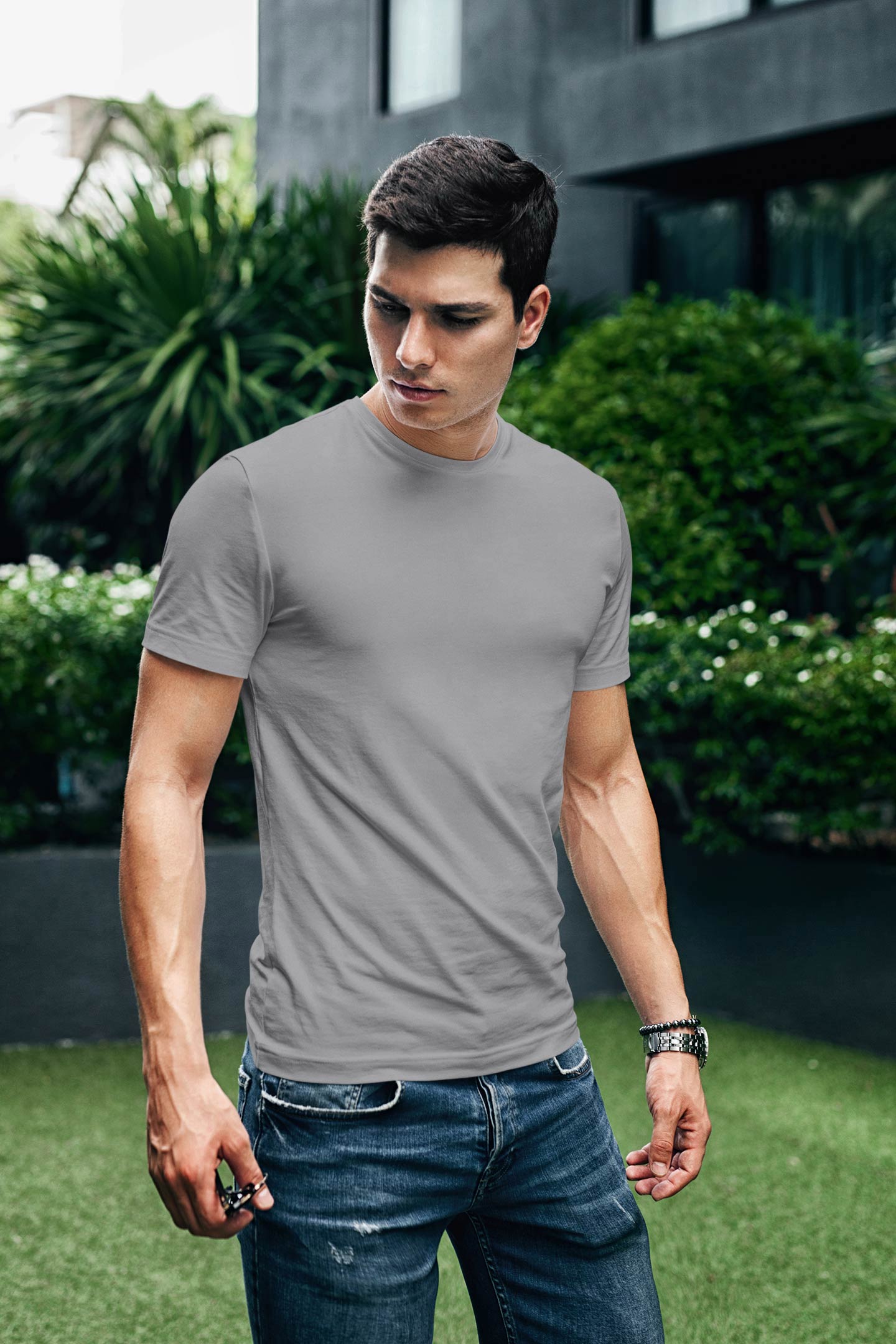 Unisex Regular Fit Gray Plain T-Shirt With Short Sleeves And Round Neck