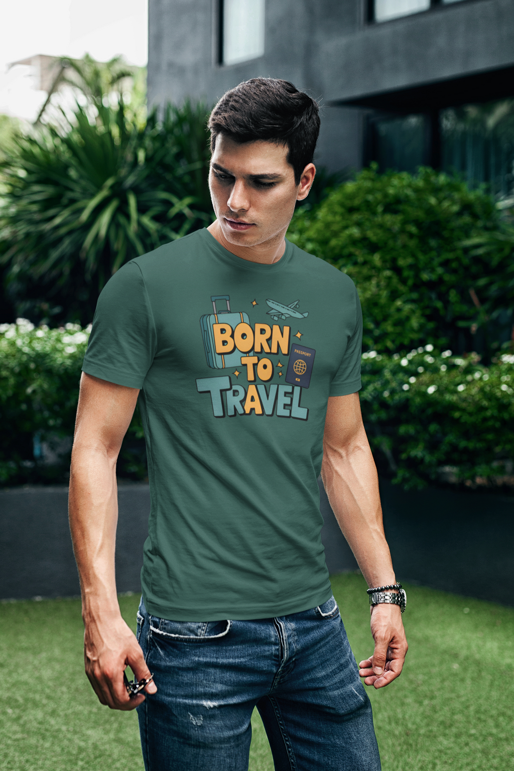 Born to Travel Men's Graphic Bottle Green Coloured T-Shirt - Travel Tee