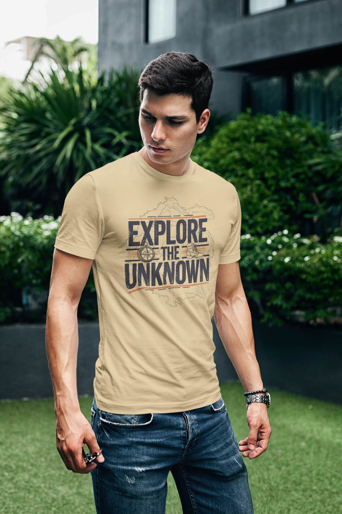 Explore the Unknown Men’s Graphic Tee – Adventure Beige Coloured T-Shirt for Hiking & Travel