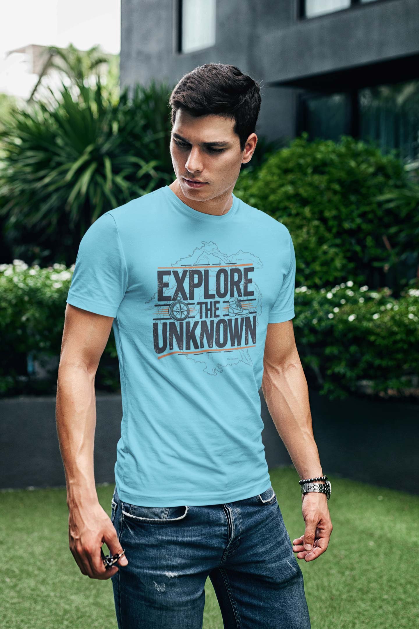 Explore the Unknown Men’s Graphic Tee – Adventure Sky Blue Coloured T-Shirt for Hiking & Travel