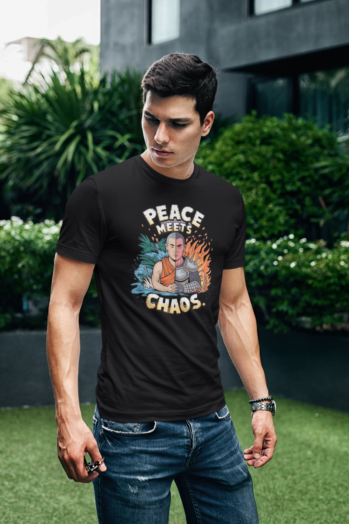 Peace Meets Chaos Men’s Graphic T Shirt – Black Duality Monk Warrior Streetwear