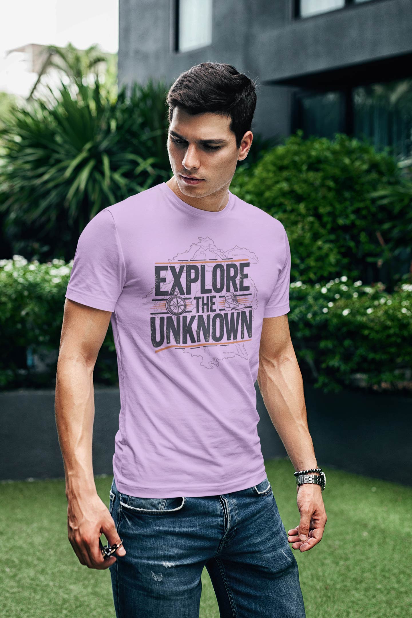 Explore the Unknown Men’s Graphic Tee – Adventure Lavender Coloured T-Shirt for Hiking & Travel